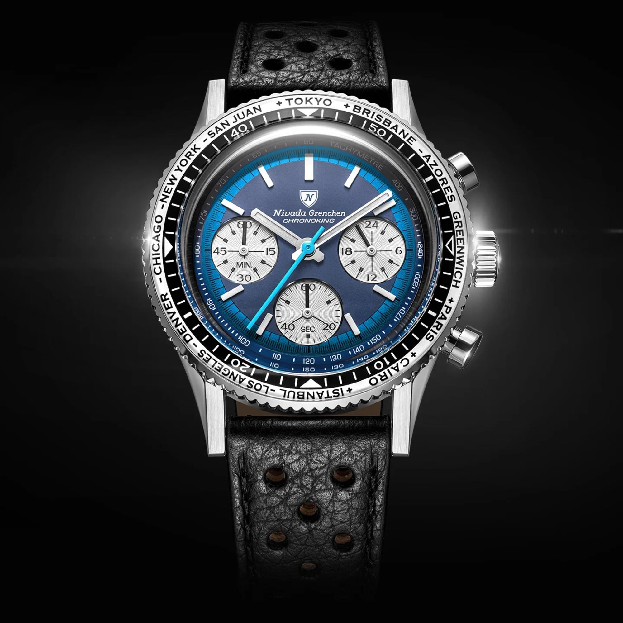 Nivada Grenchen Chronoking 38mm Chronograph Blue Dial Leather Mens Mecaquartz Watch 87054Q10