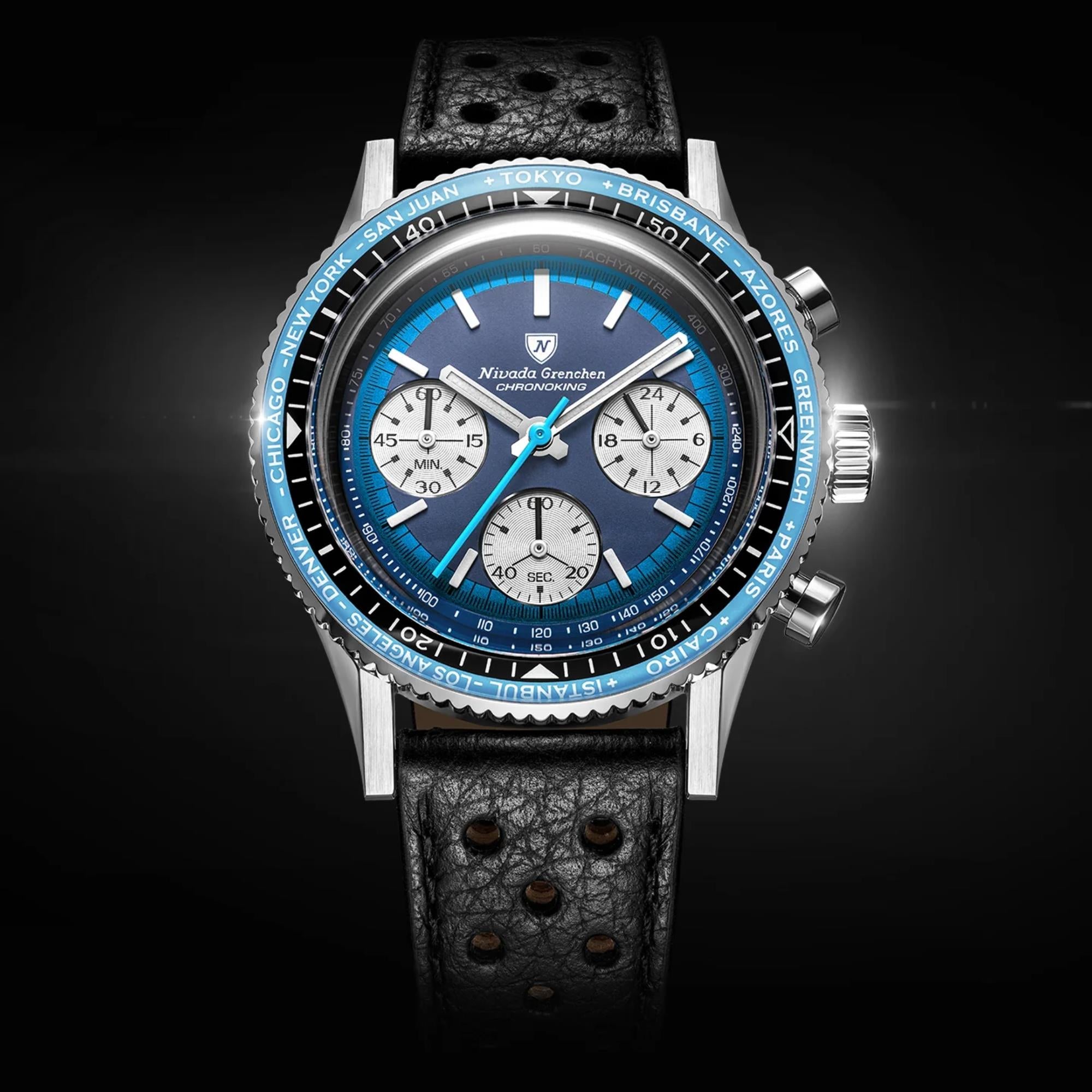 Nivada Grenchen Chronoking 38mm Chronograph Blue Dial Leather Mens Mecaquartz Watch 87054Q10