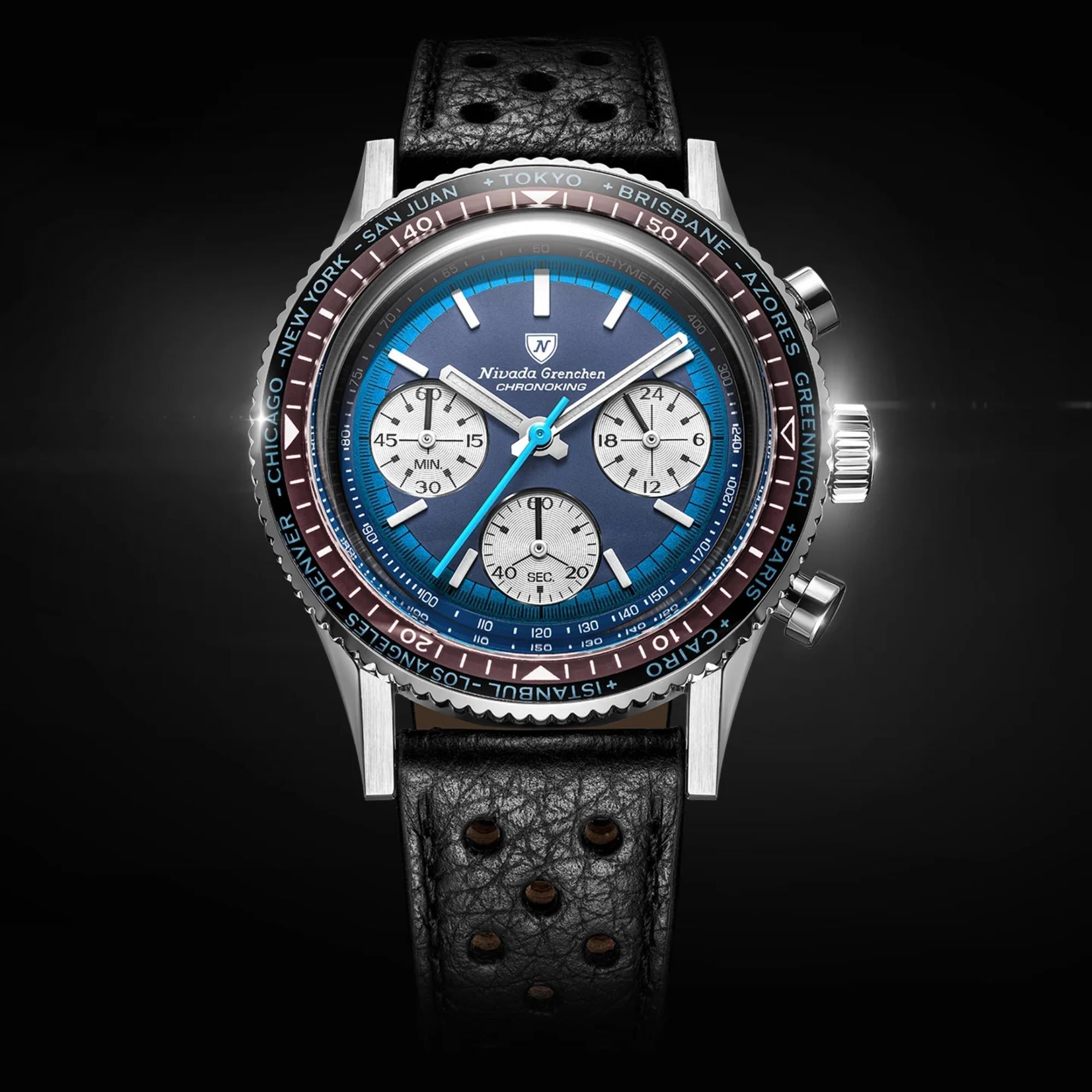 Nivada Grenchen Chronoking 38mm Chronograph Blue Dial Leather Mens Mecaquartz Watch 87054Q10