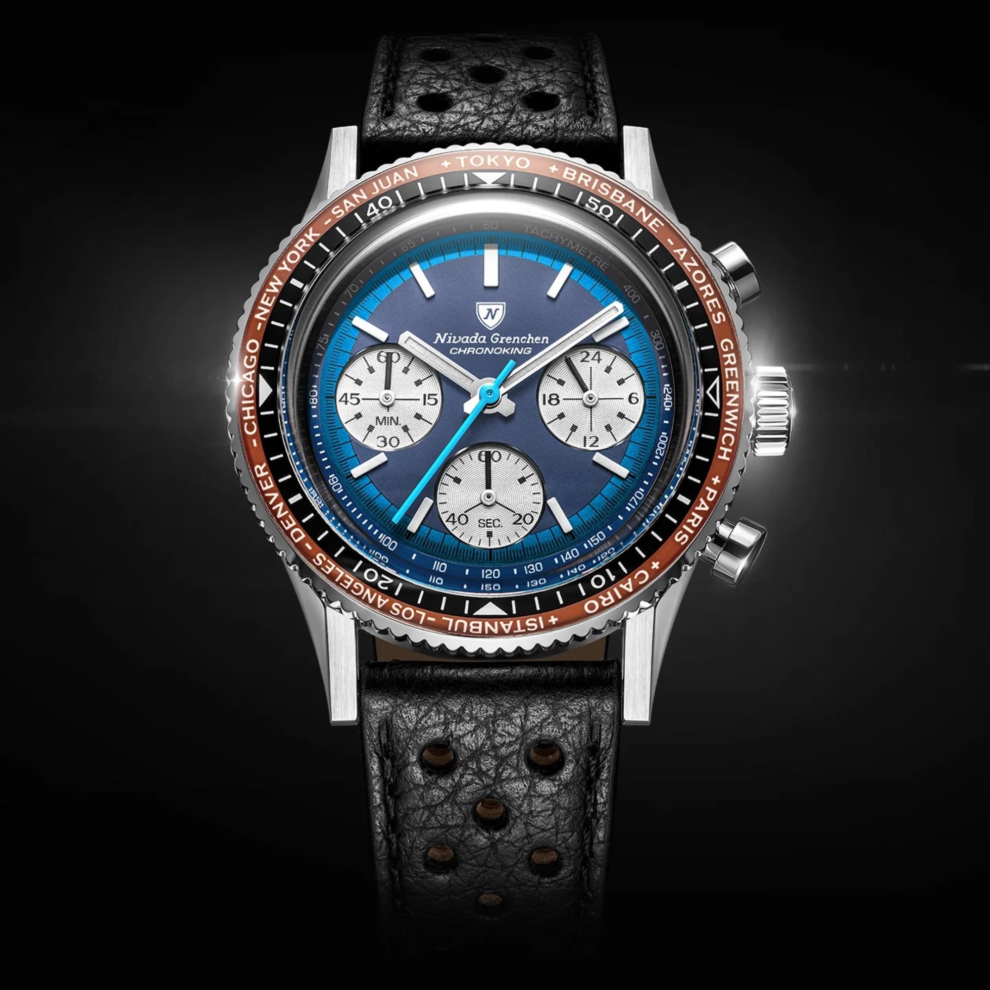 Nivada Grenchen Chronoking 38mm Chronograph Blue Dial Leather Mens Mecaquartz Watch 87054Q10