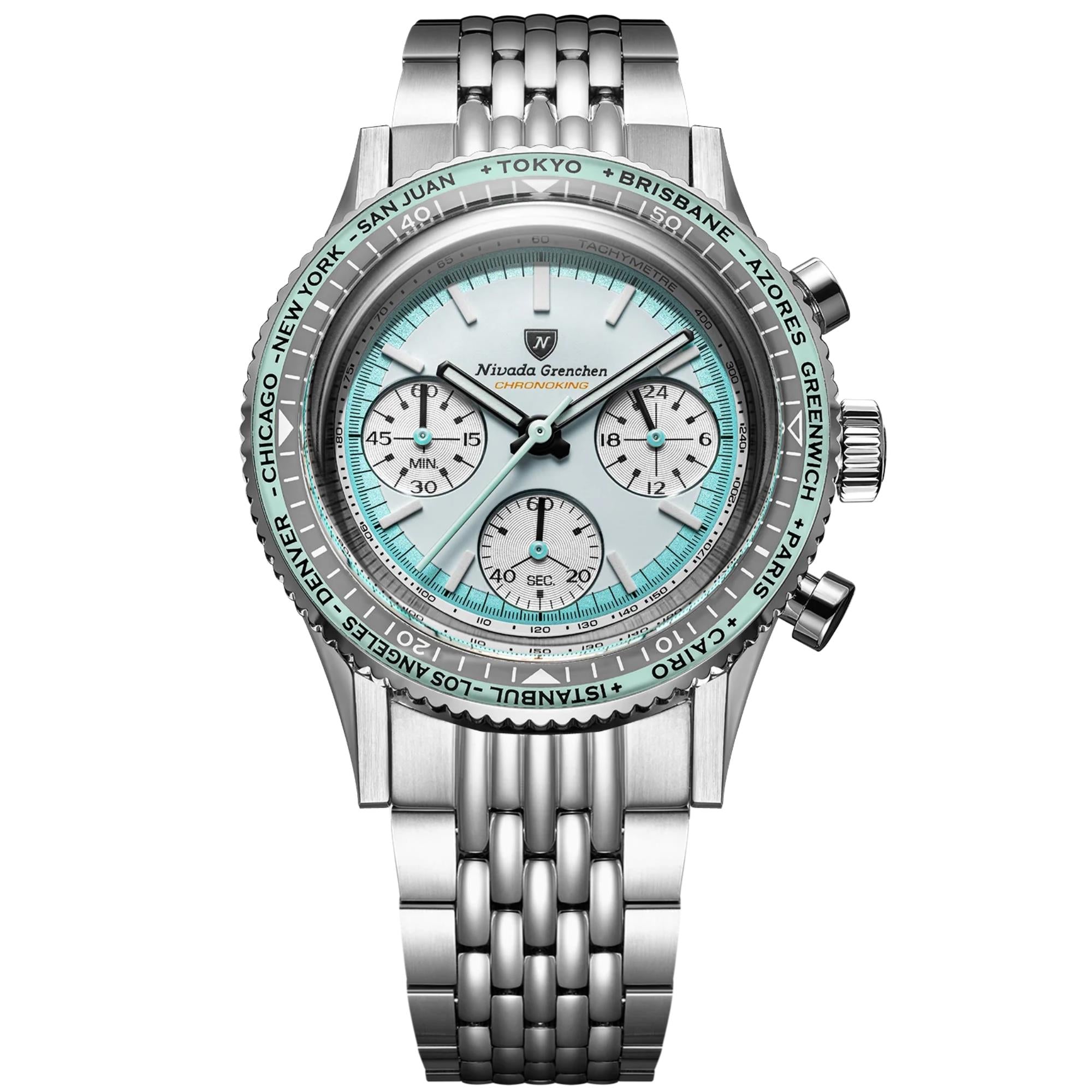 Nivada Grenchen Chronoking 38mm Chronograph White Dial Steel Mens Mecaquartz Watch 87056Q04