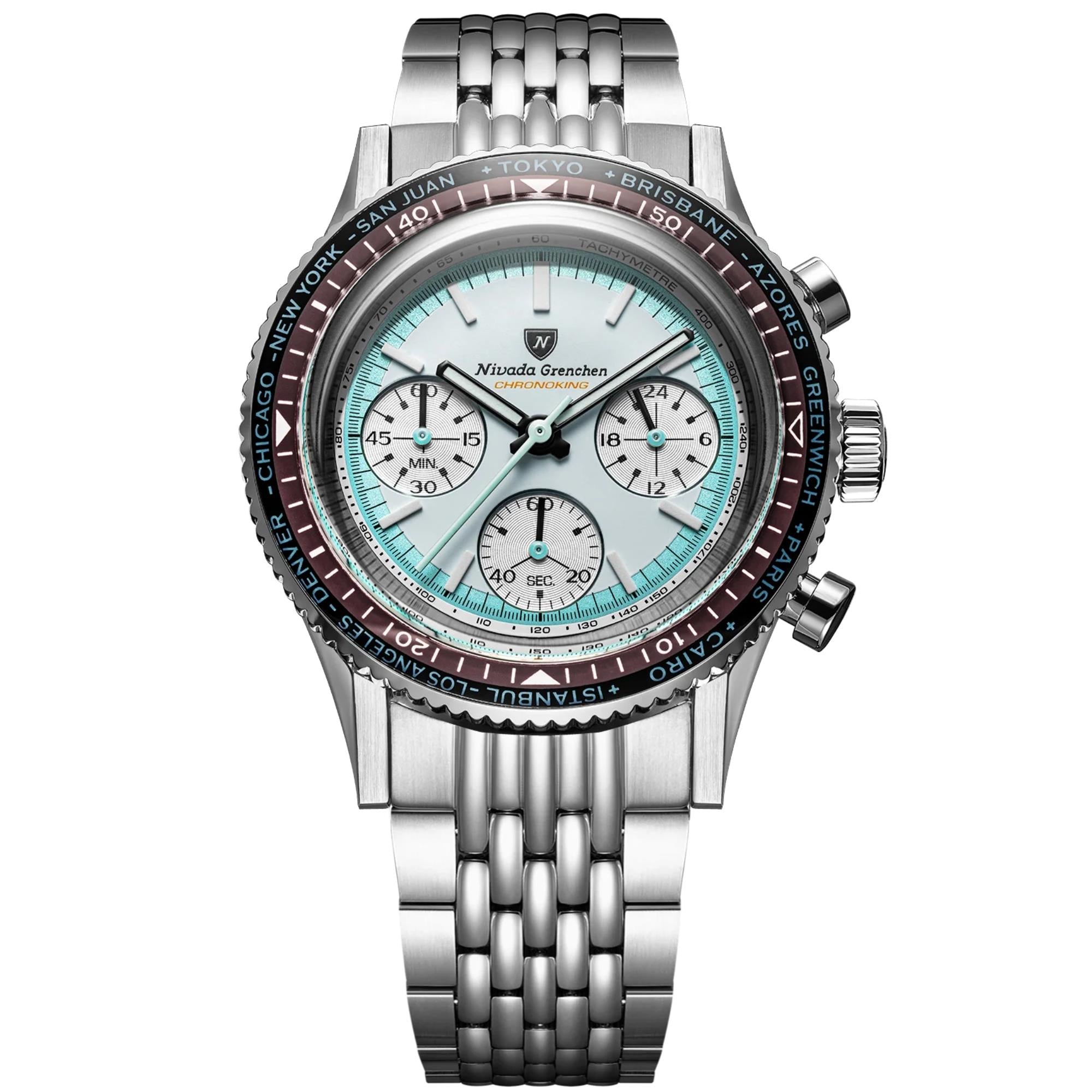 Nivada Grenchen Chronoking 38mm Chronograph White Dial Steel Mens Mecaquartz Watch 87056Q04