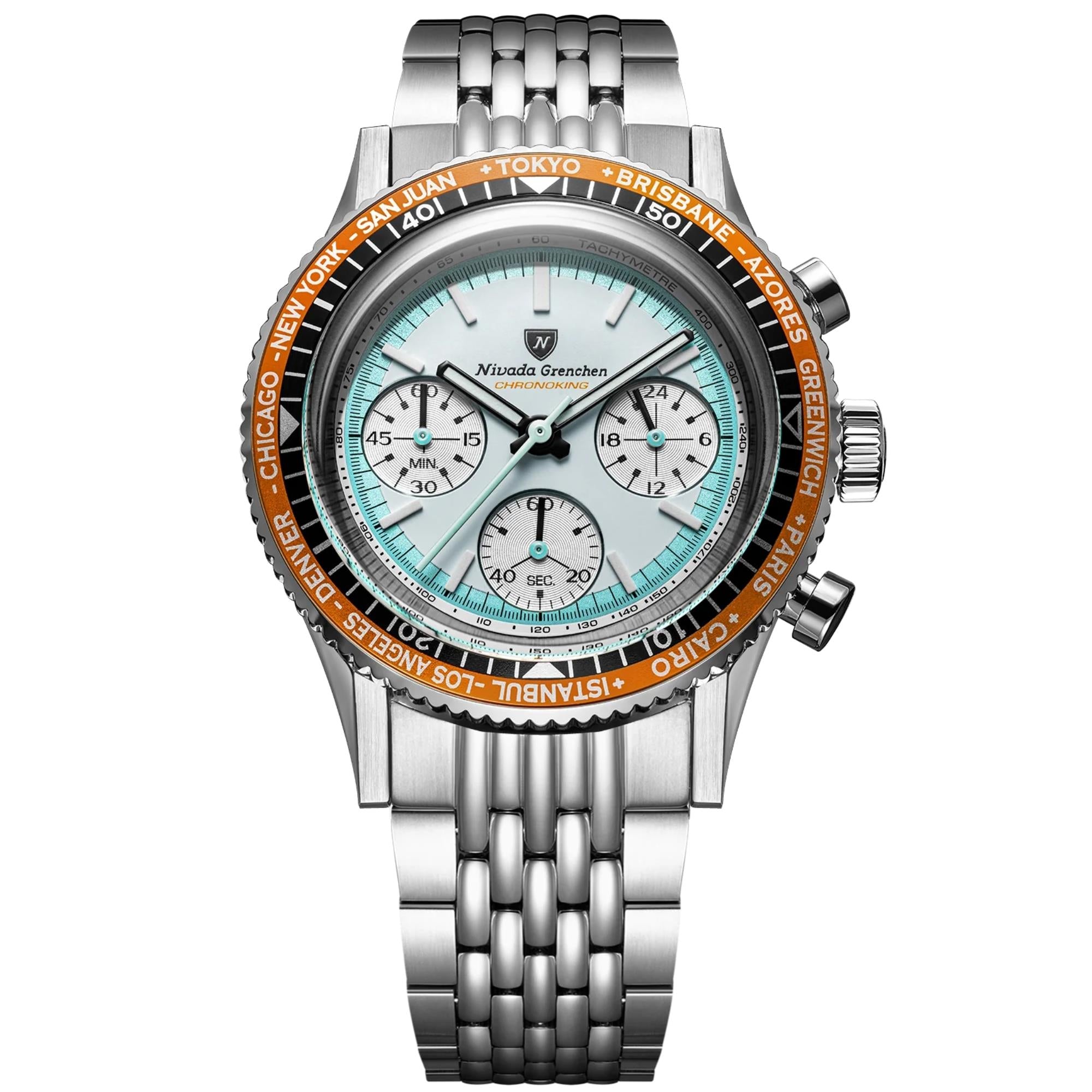 Nivada Grenchen Chronoking 38mm White Dial Steel Mens Watch 87056Q04