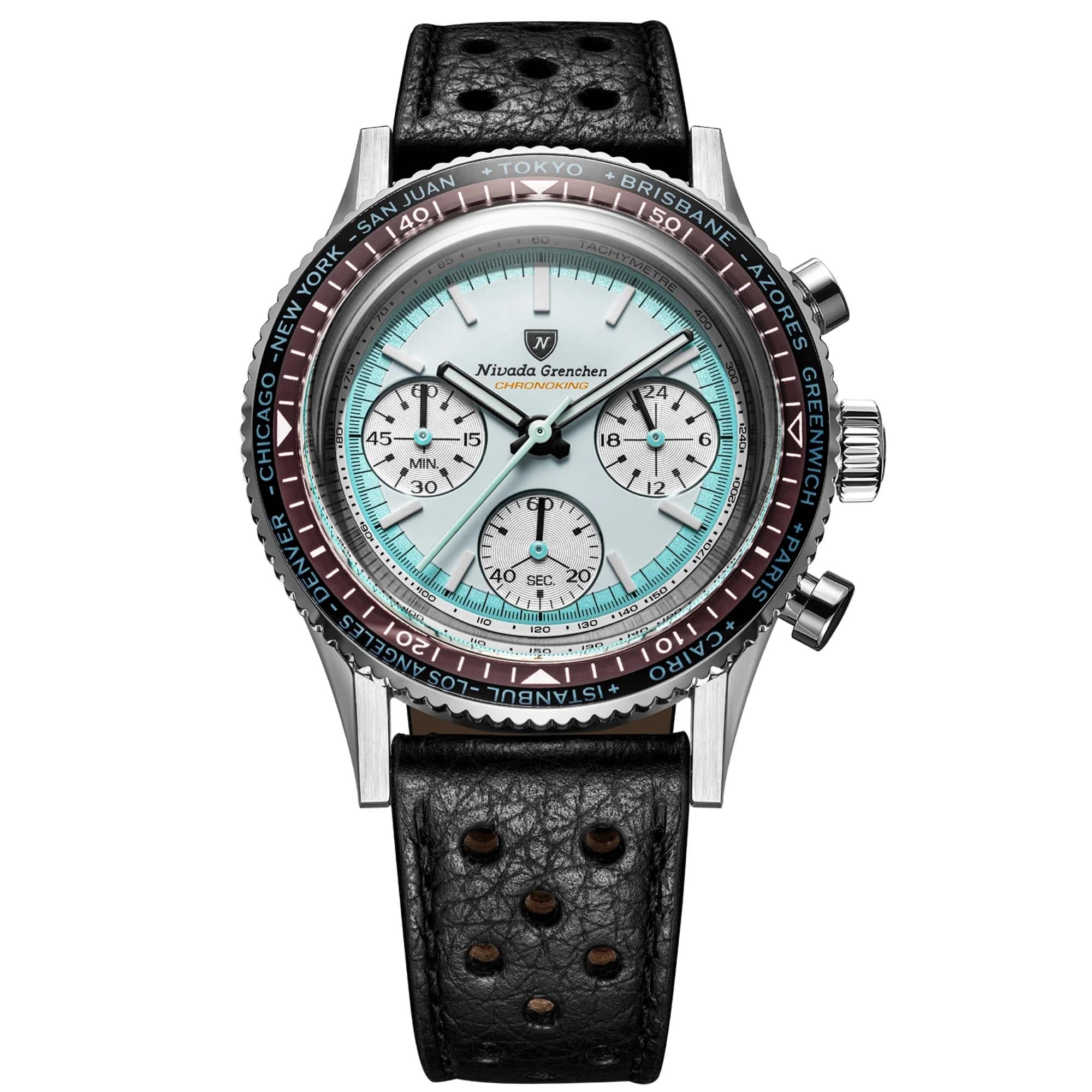 Nivada Grenchen Chronoking 38mm White Dial Leather Mens Watch 87056Q10