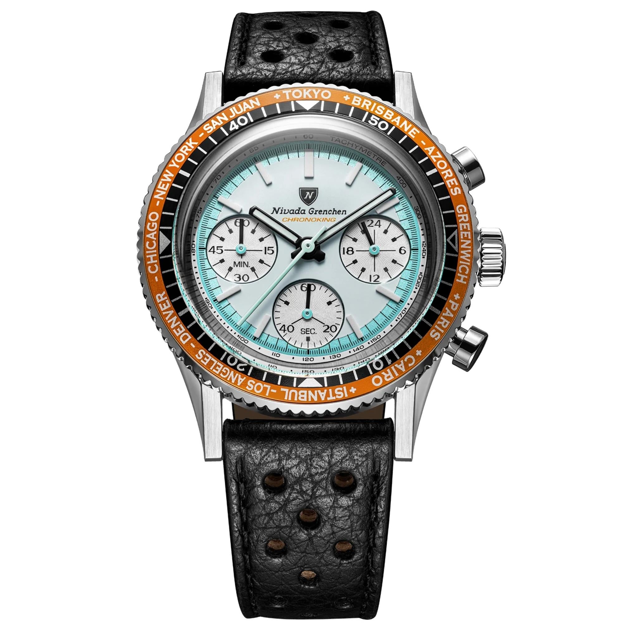 Nivada Grenchen Chronoking 38mm White Dial Leather Mens Watch 87056Q10