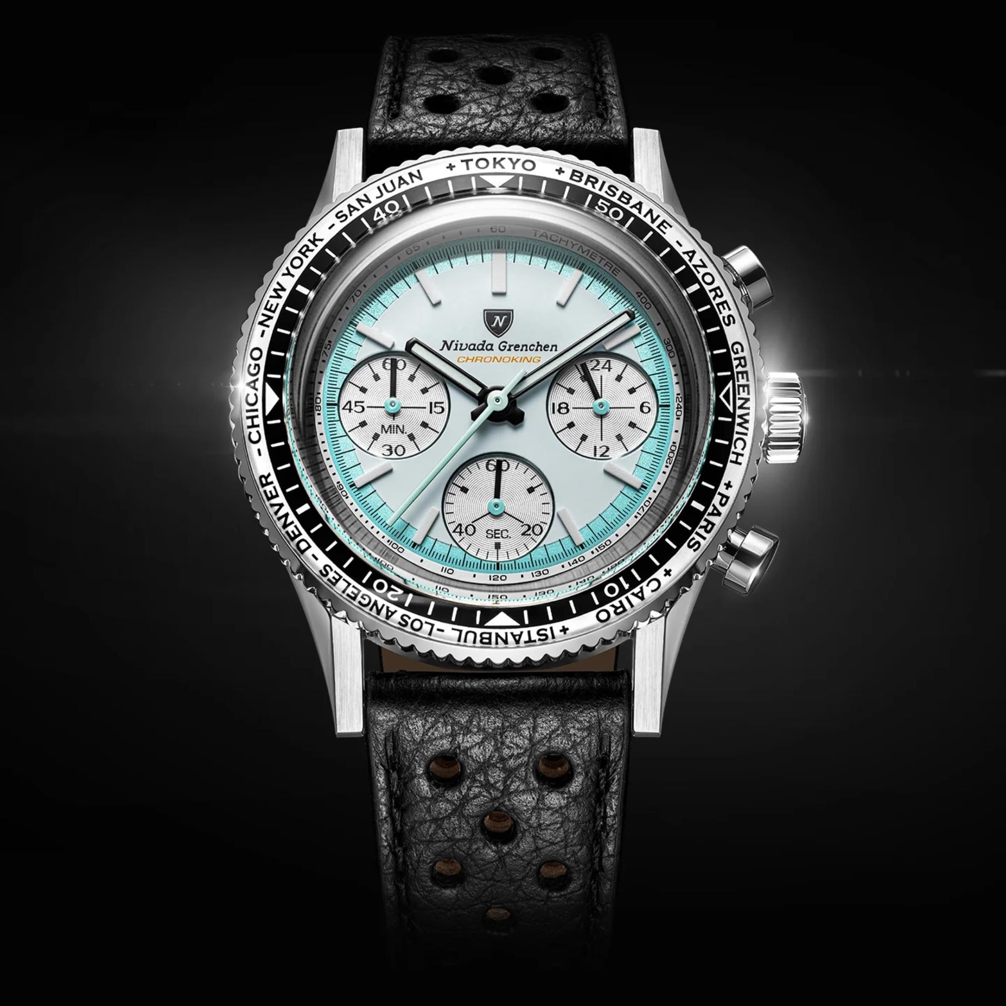 Nivada Grenchen Chronoking 38mm Chronograph White Dial Leather Mens Mecaquartz Watch 87056Q10
