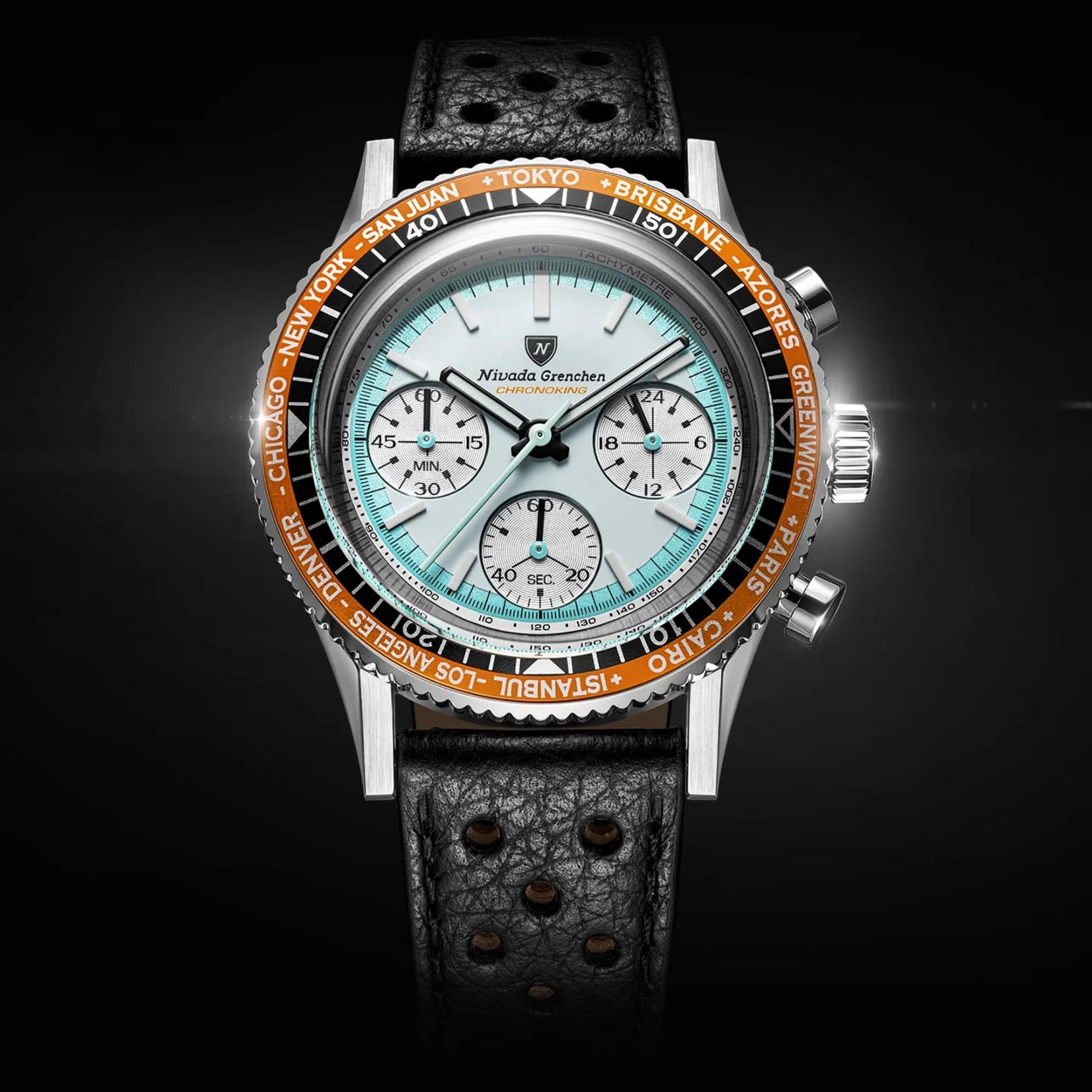 Nivada Grenchen Chronoking 38mm White Dial Leather Mens Watch 87056Q10