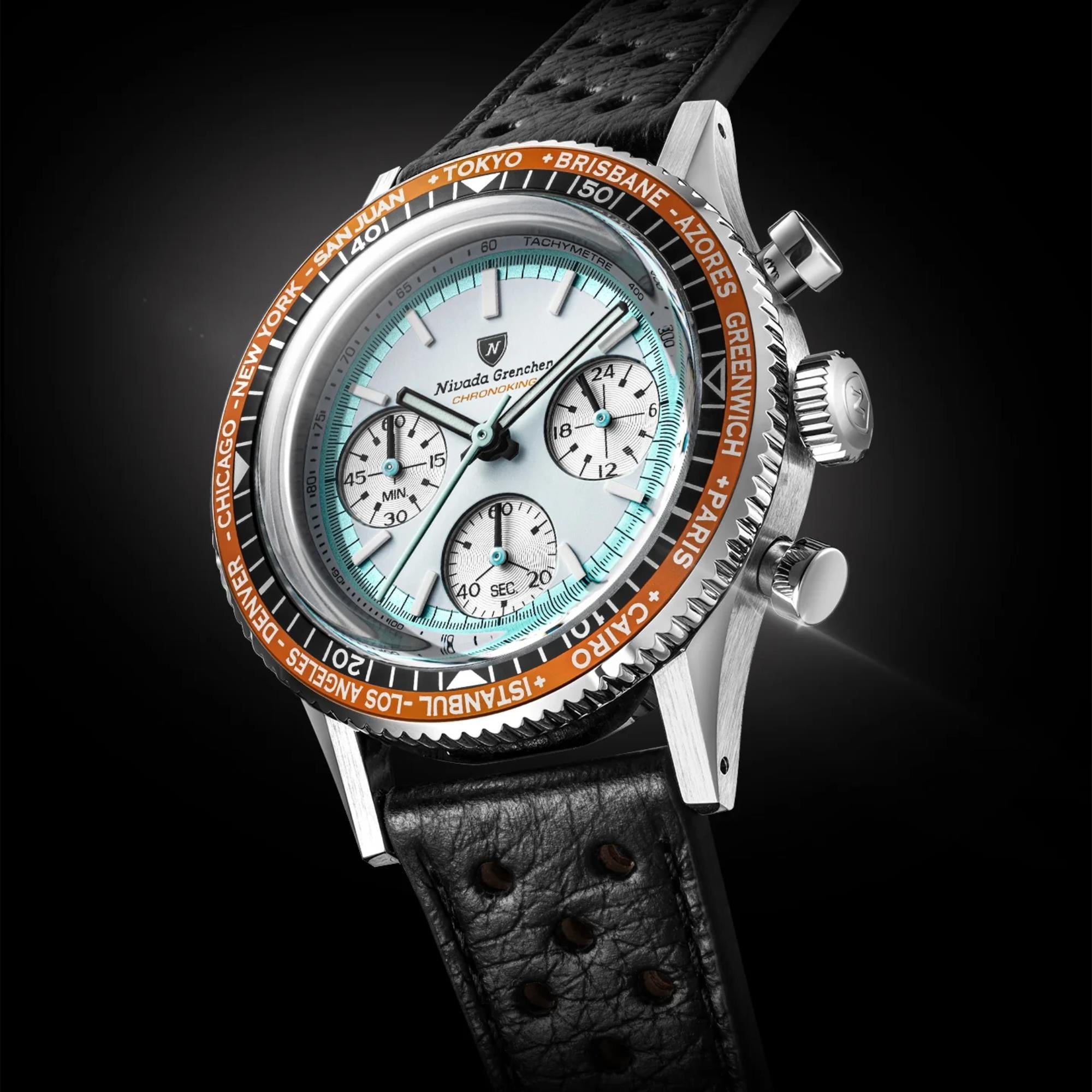 Nivada Grenchen Chronoking 38mm Chronograph White Dial Leather Mens Mecaquartz Watch 87056Q10
