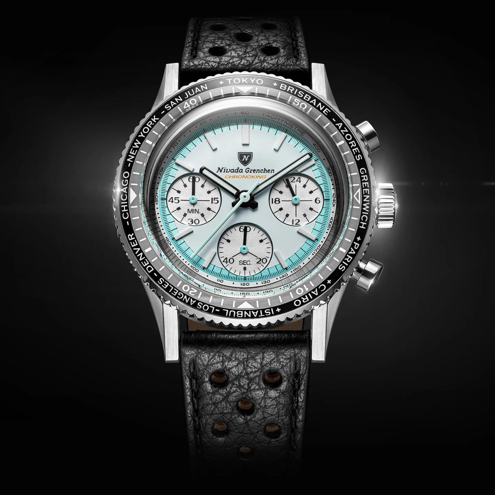 Nivada Grenchen Chronoking 38mm Chronograph White Dial Leather Mens Mecaquartz Watch 87056Q10