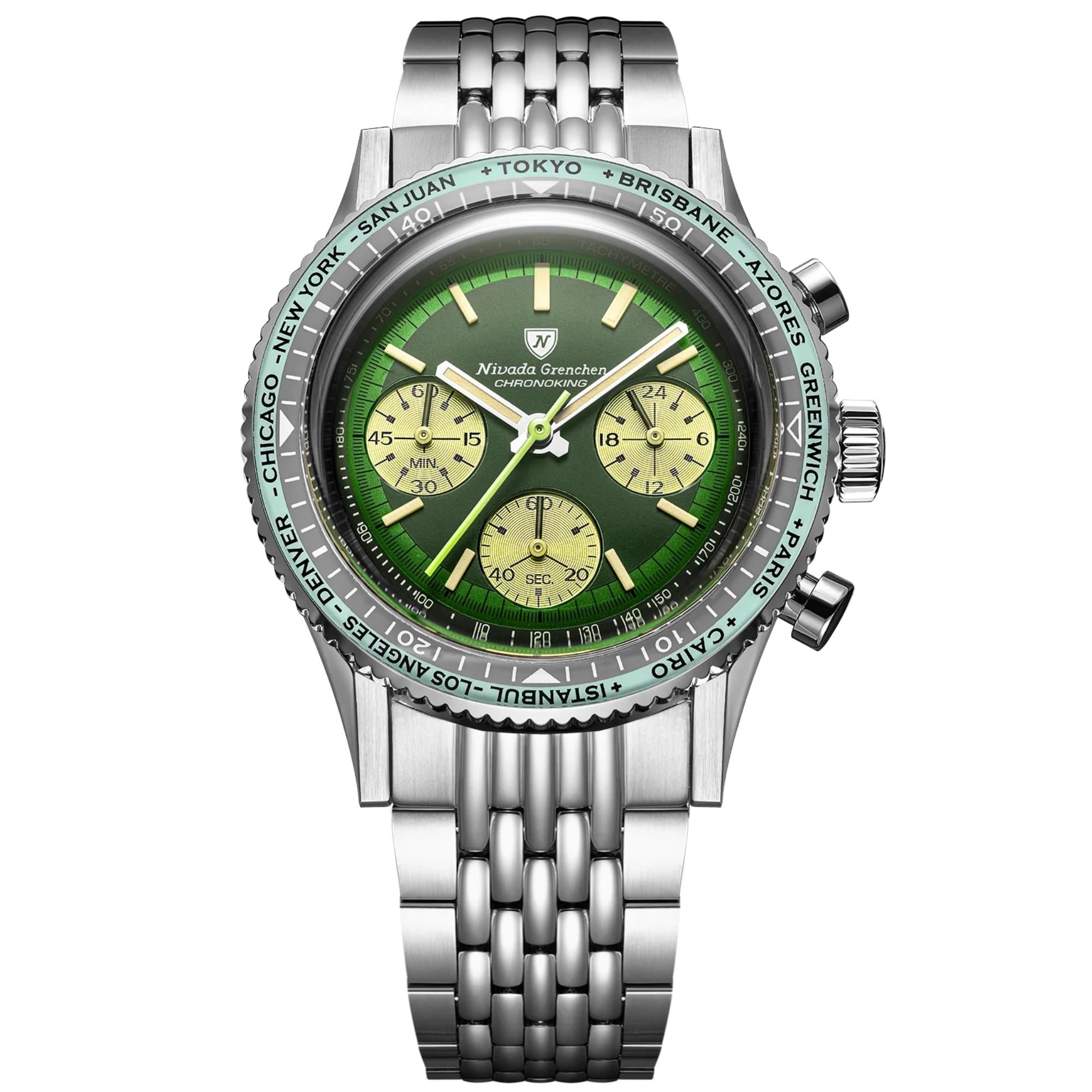 Nivada Grenchen Chronoking 38mm Chronograph Green Dial Steel Mens Mecaquartz Watch 87057Q04
