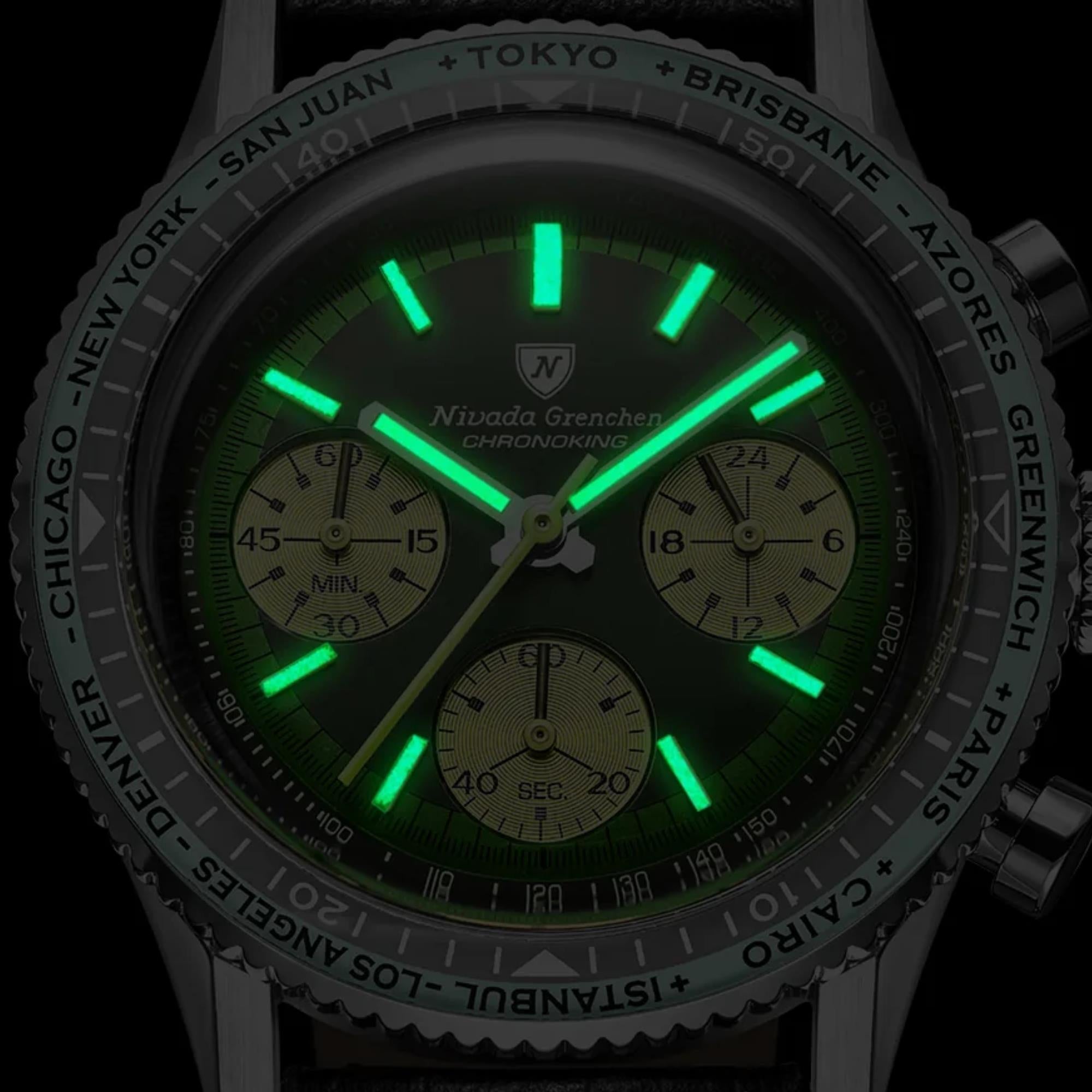 Nivada Grenchen Chronoking 38mm Chronograph Green Dial Steel Mens Mecaquartz Watch 87057Q04