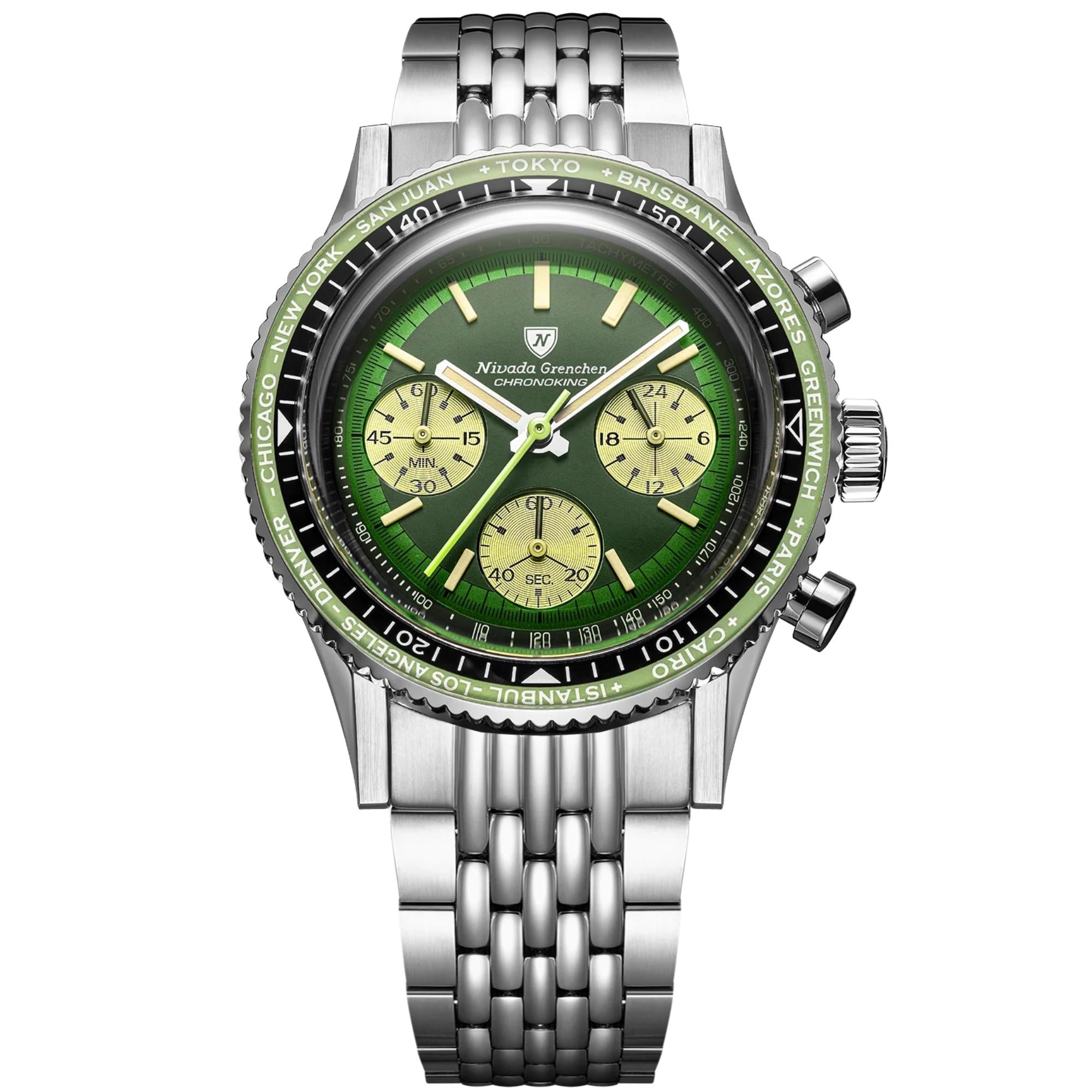 Nivada Grenchen Chronoking 38mm Green Dial Steel Mens Watch 87057Q04