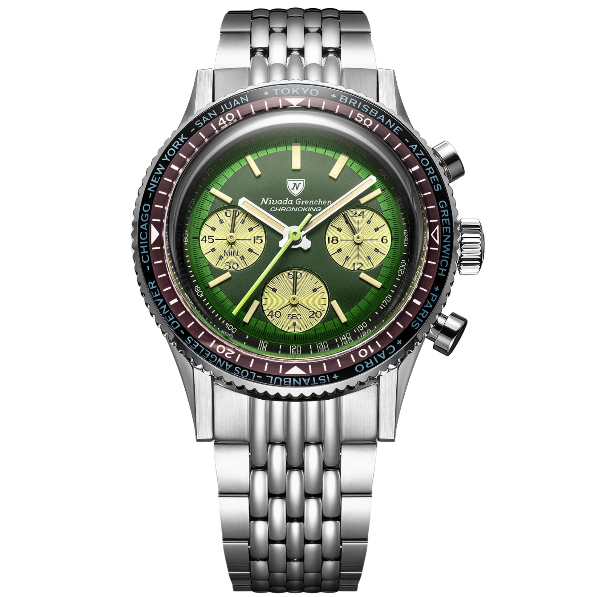 Nivada Grenchen Chronoking 38mm Chronograph Green Dial Steel Mens Mecaquartz Watch 87057Q04