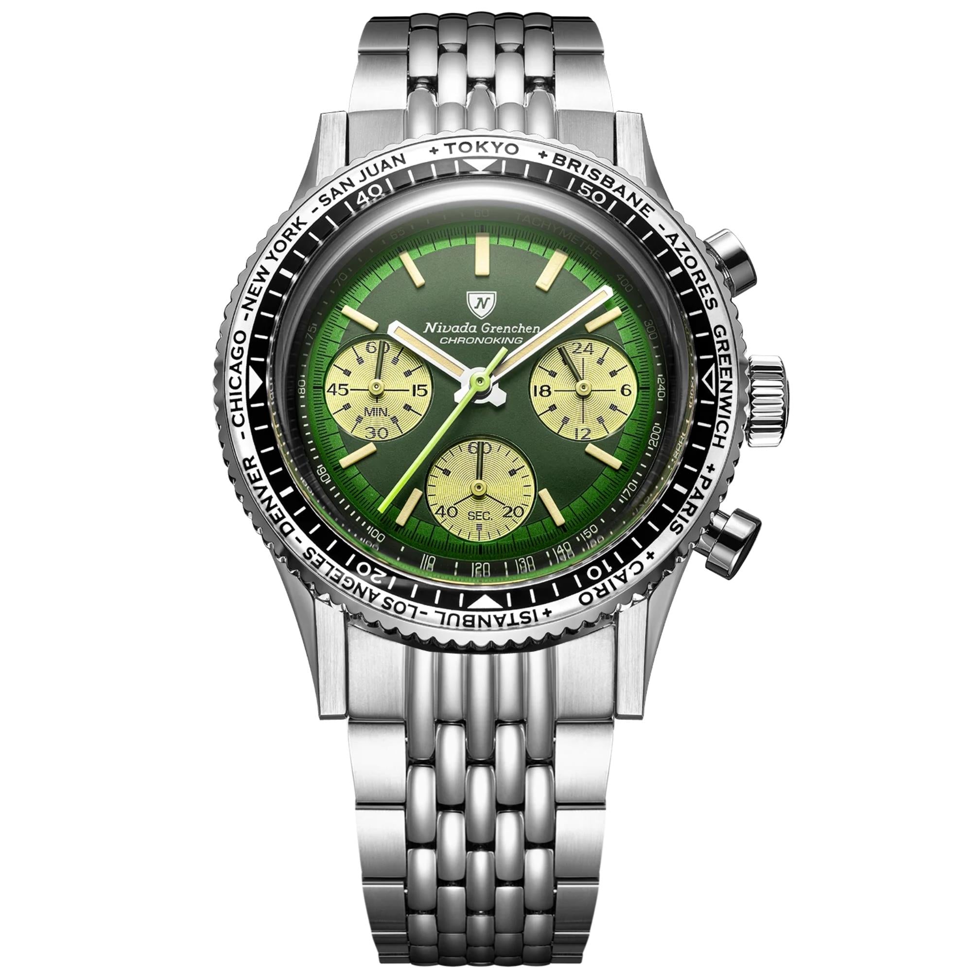 Nivada Grenchen Chronoking 38mm Chronograph Green Dial Steel Mens Mecaquartz Watch 87057Q04