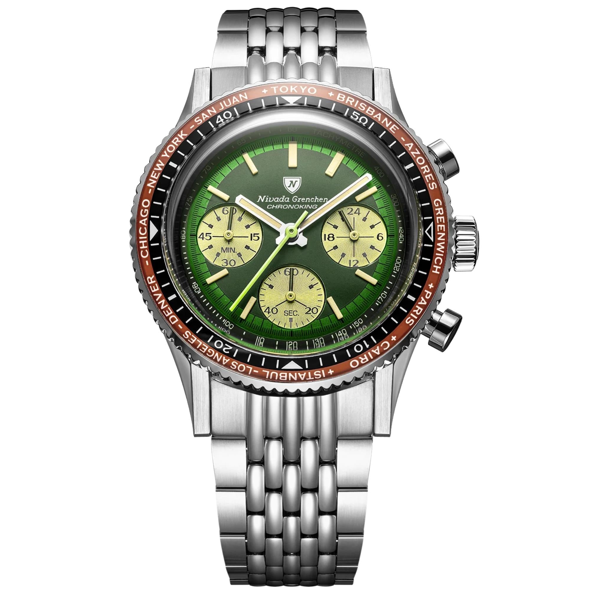 クロノス Nivada Grenchen Chronoking 38mm Green Dial Steel Mens Watch 87057Q04