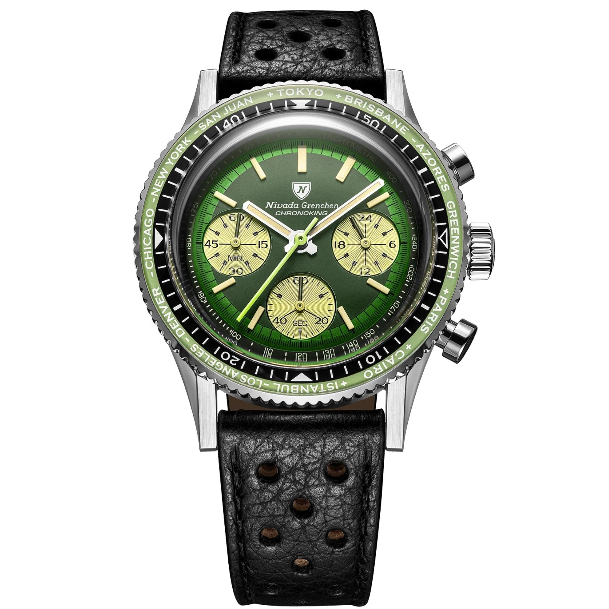 Nivada Grenchen Chronoking 38mm Green Dial Leather Mens Watch 87057Q10