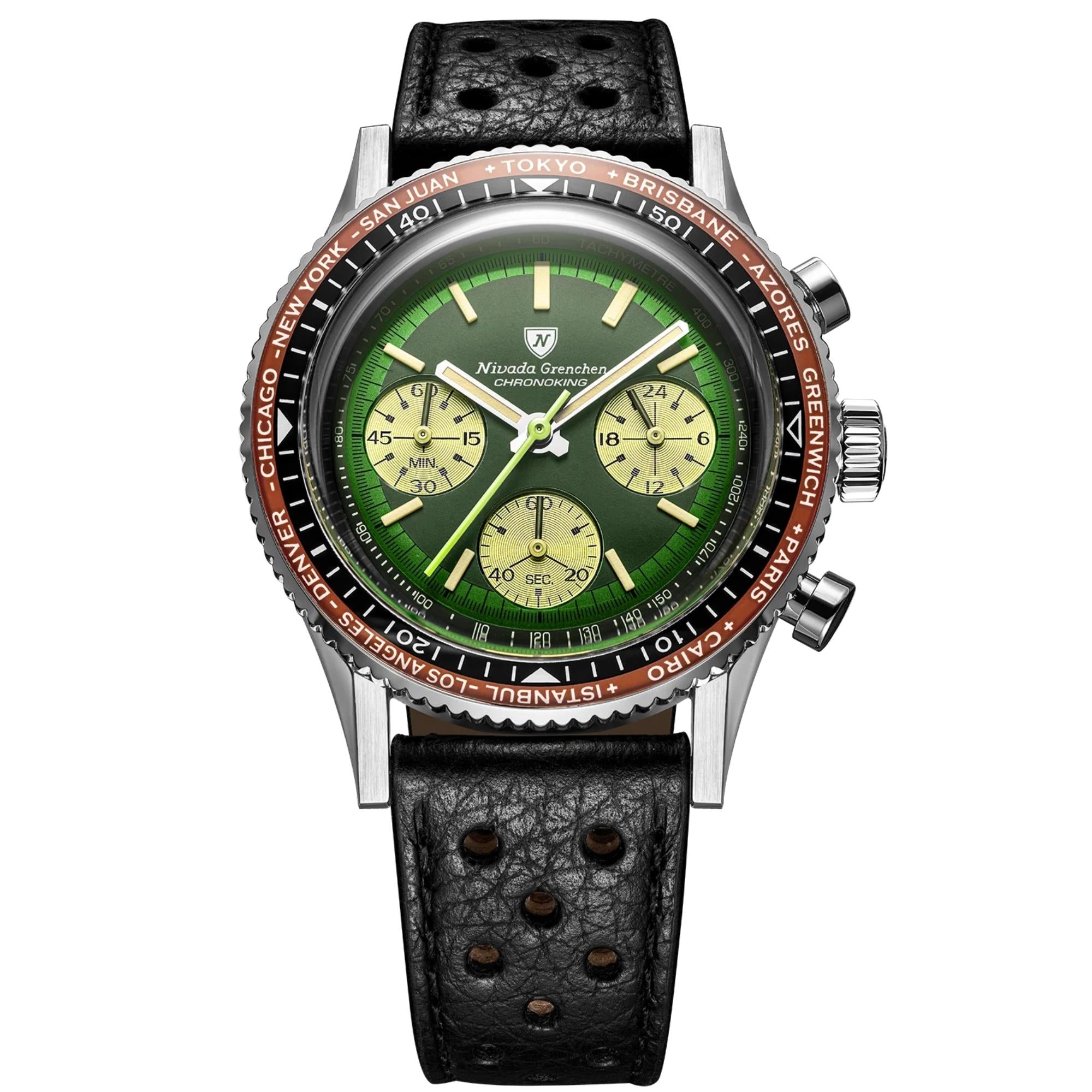Nivada Grenchen Chronoking 38mm Green Dial Leather Mens Watch 87057Q10
