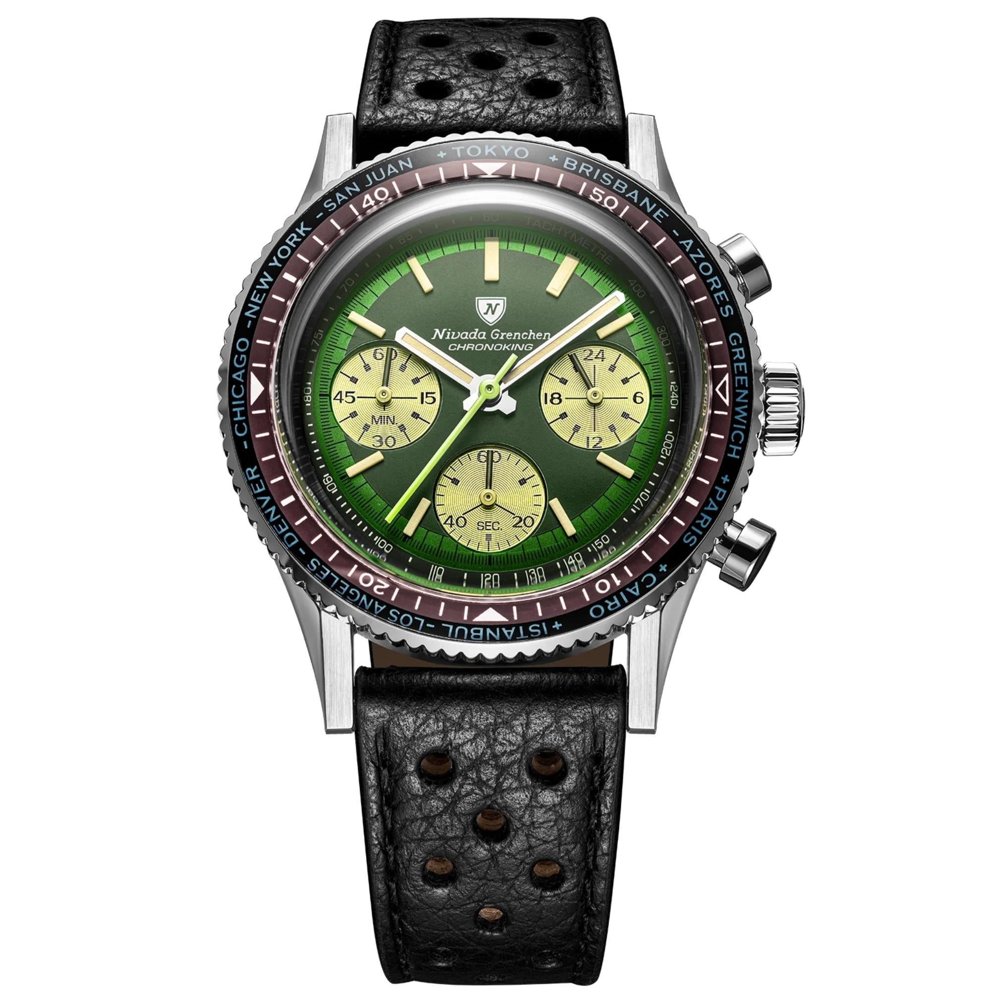 Nivada Grenchen Chronoking 38mm Green Dial Leather Mens Watch 87057Q10