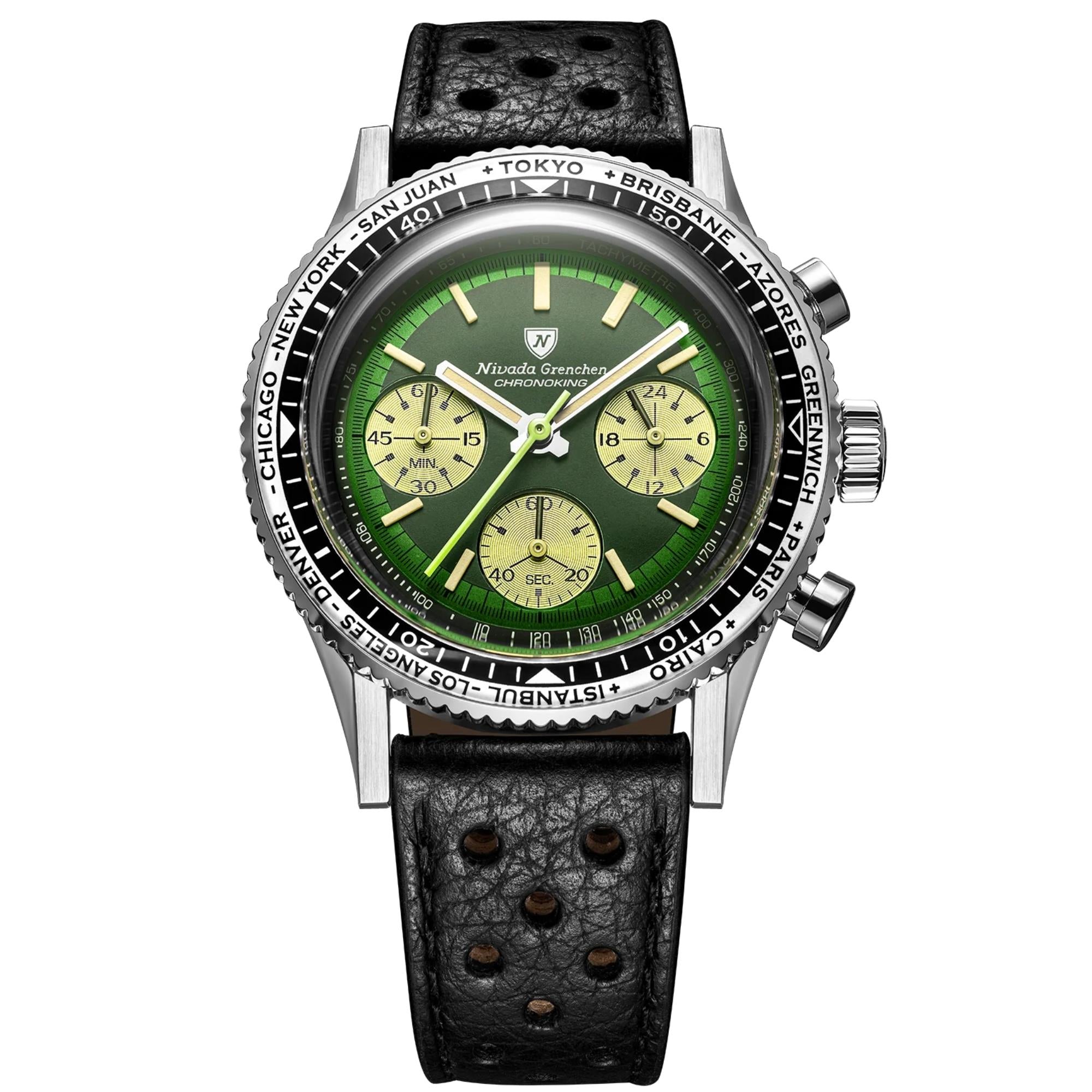 Nivada Grenchen Chronoking 38mm Green Dial Leather Mens Watch 87057Q10