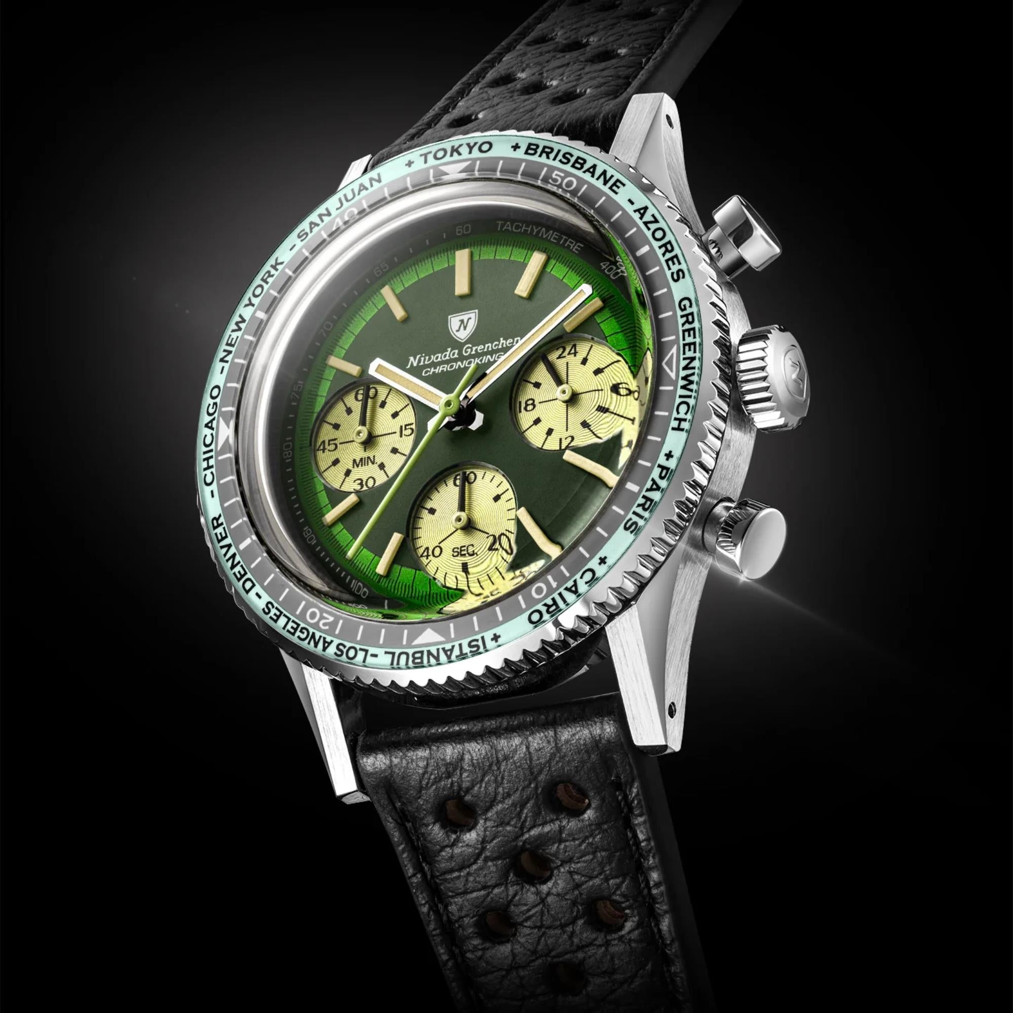 Nivada Grenchen Chronoking 38mm Green Dial Leather Mens Watch 87057Q10