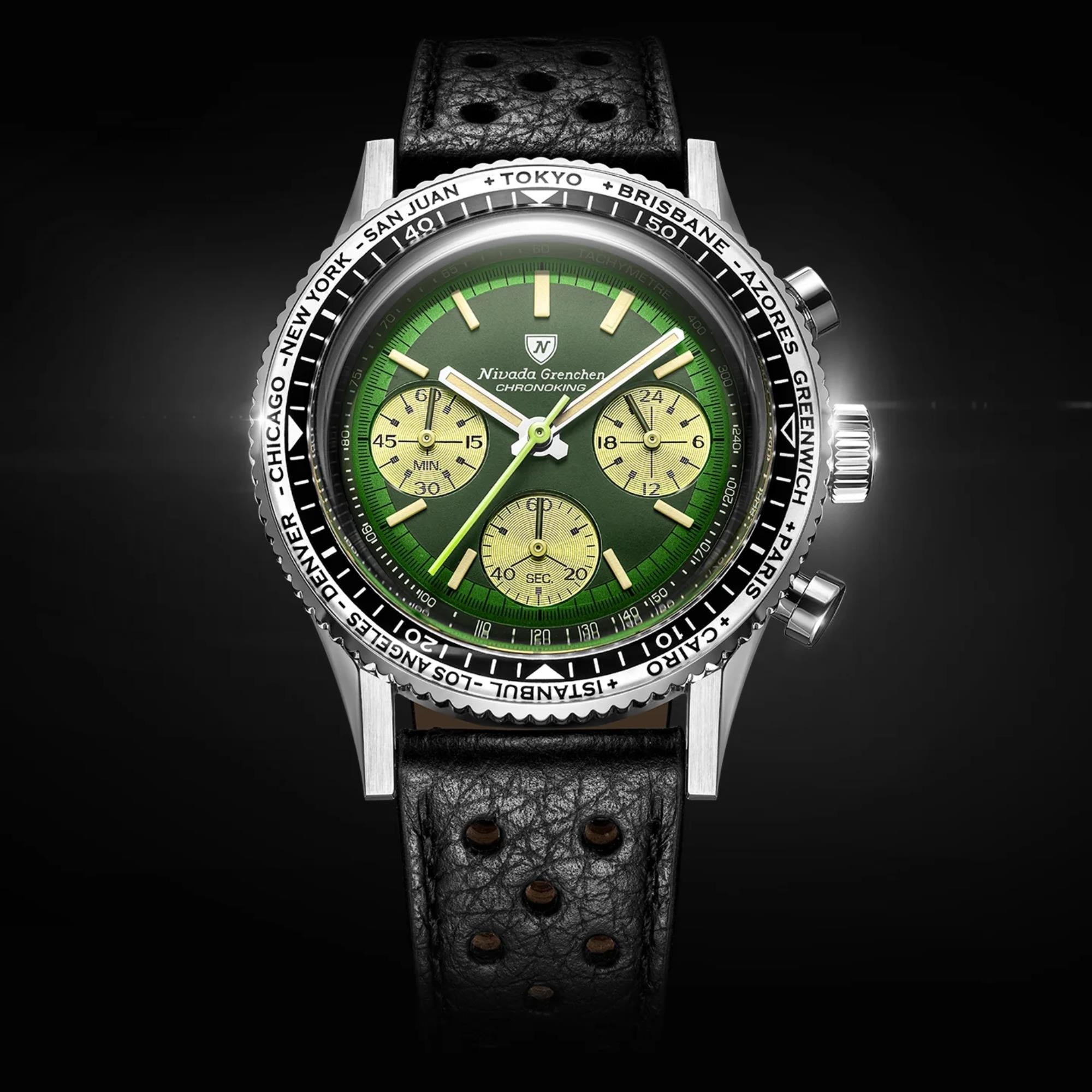 Nivada Grenchen Chronoking 38mm Chronograph Green Dial Leather Mens Mecaquartz Watch 87057Q10