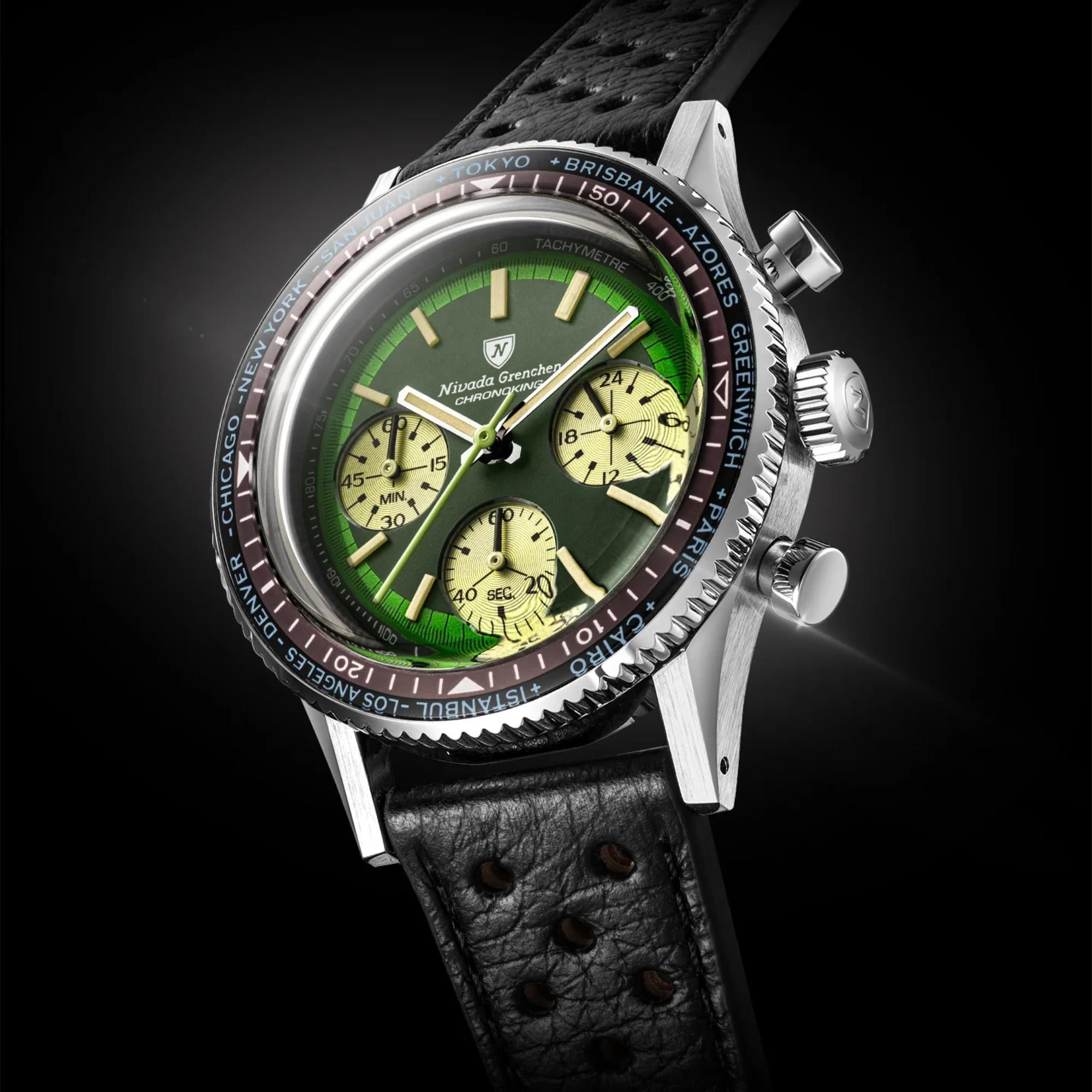 Nivada Grenchen Chronoking 38mm Green Dial Leather Mens Watch 87057Q10