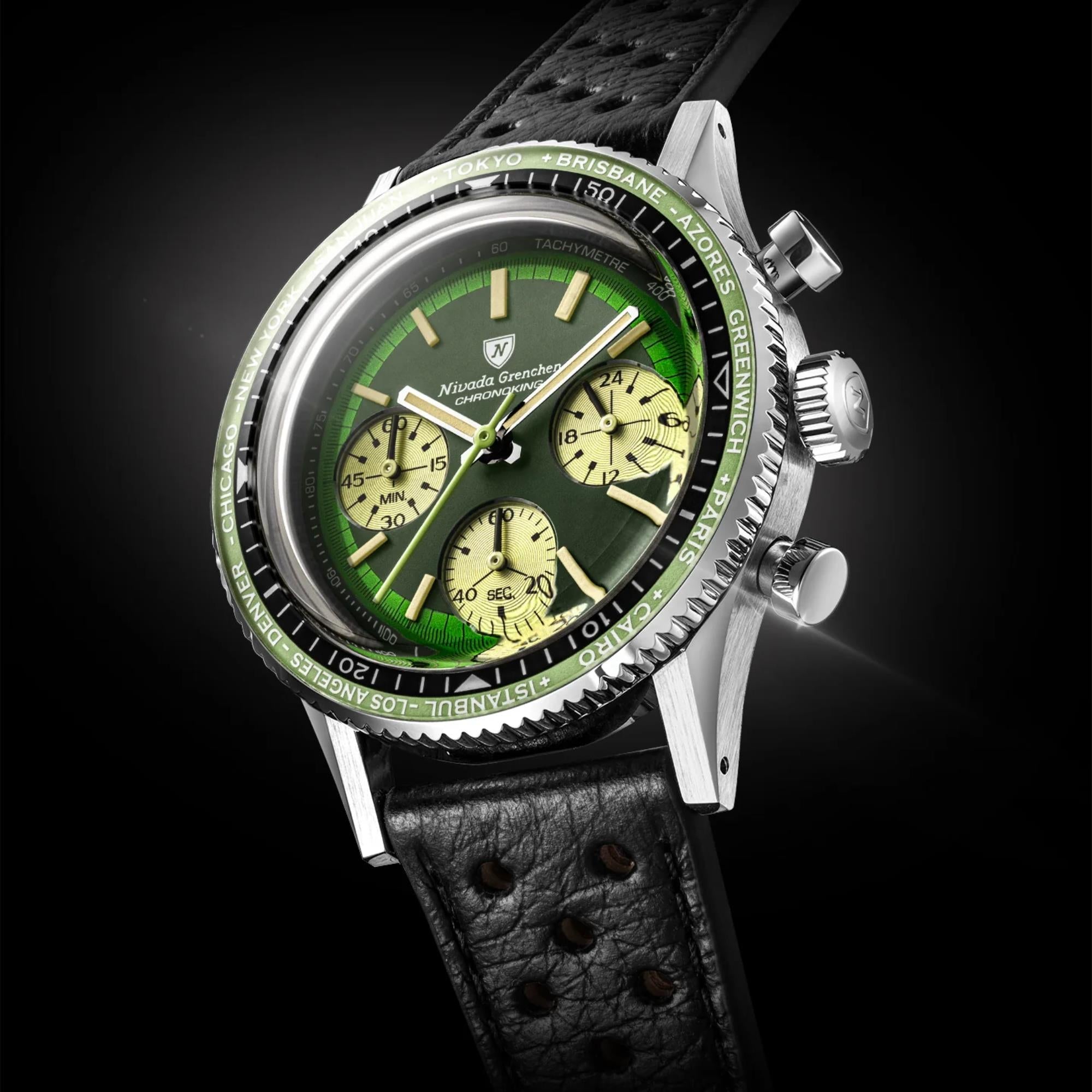 Nivada Grenchen Chronoking 38mm Green Dial Leather Mens Watch 87057Q10