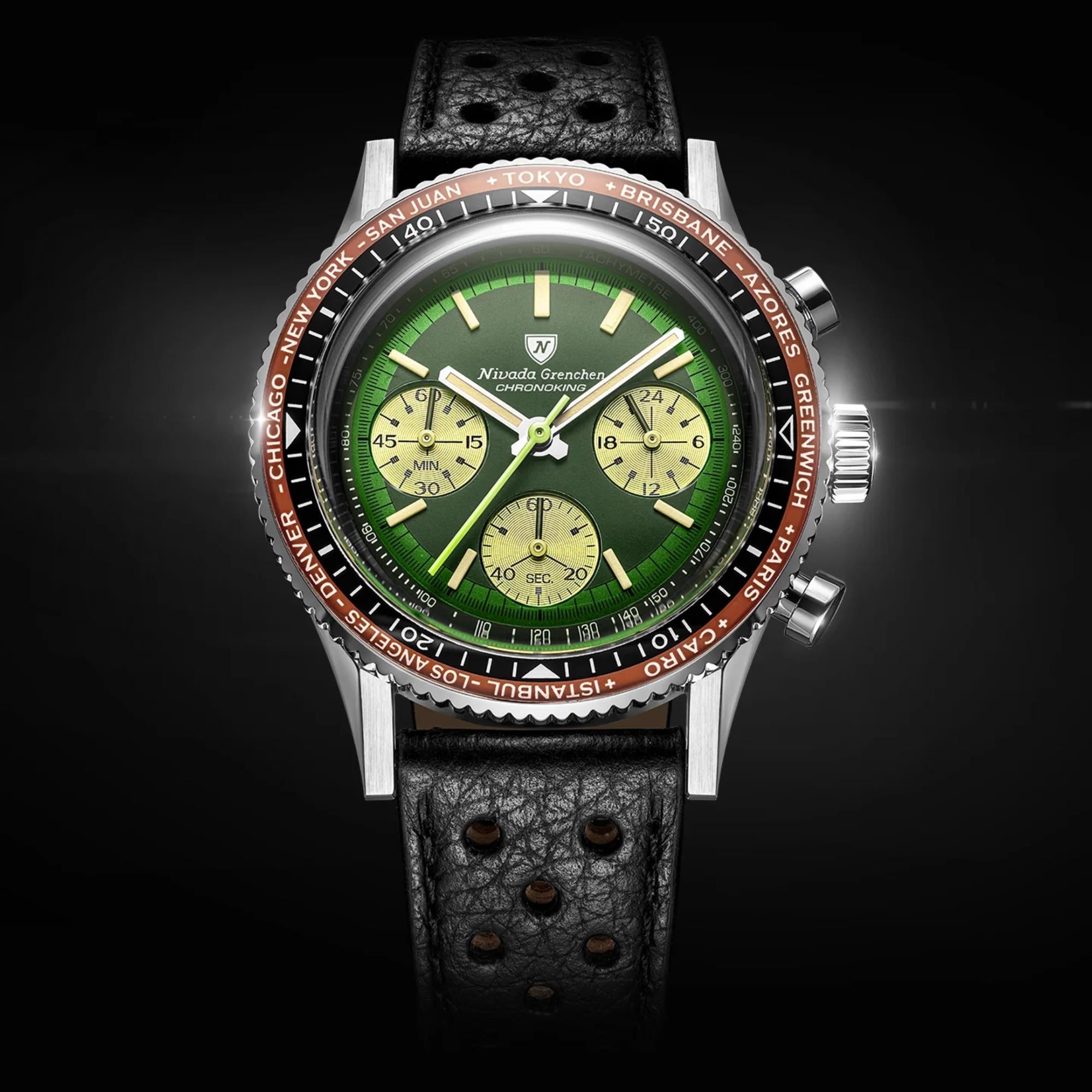 Nivada Grenchen Chronoking 38mm Chronograph Green Dial Leather Mens Mecaquartz Watch 87057Q10
