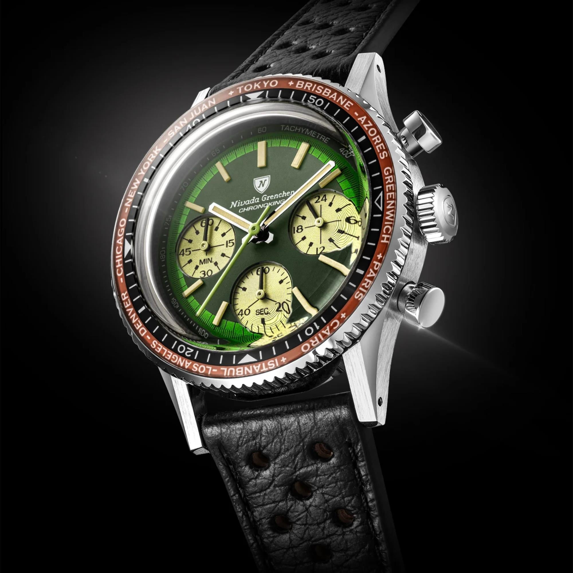Nivada Grenchen Chronoking 38mm Green Dial Leather Mens Watch 87057Q10