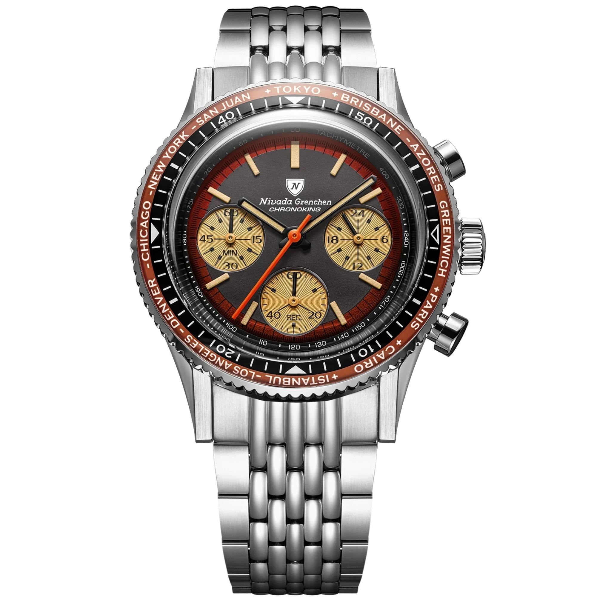 Nivada Grenchen Chronoking 38mm Black Dial Steel Mens Watch 87055Q04