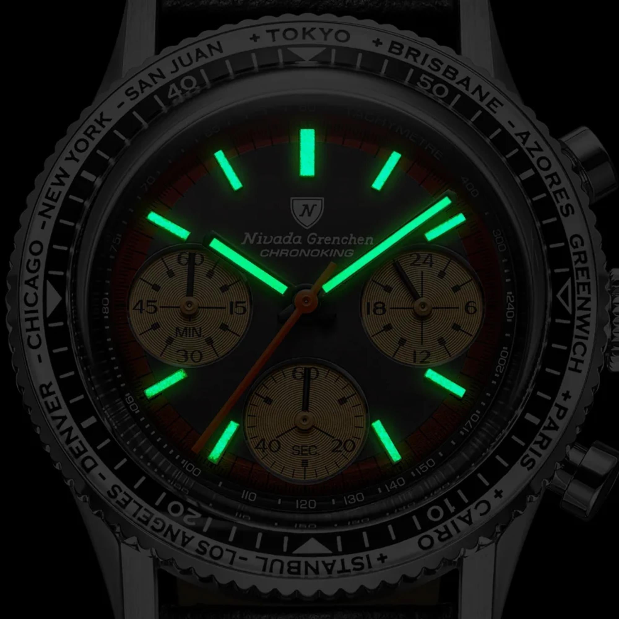 Nivada Grenchen Chronoking 38mm Chronograph Black Dial Steel Mens Mecaquartz Watch 87055Q04