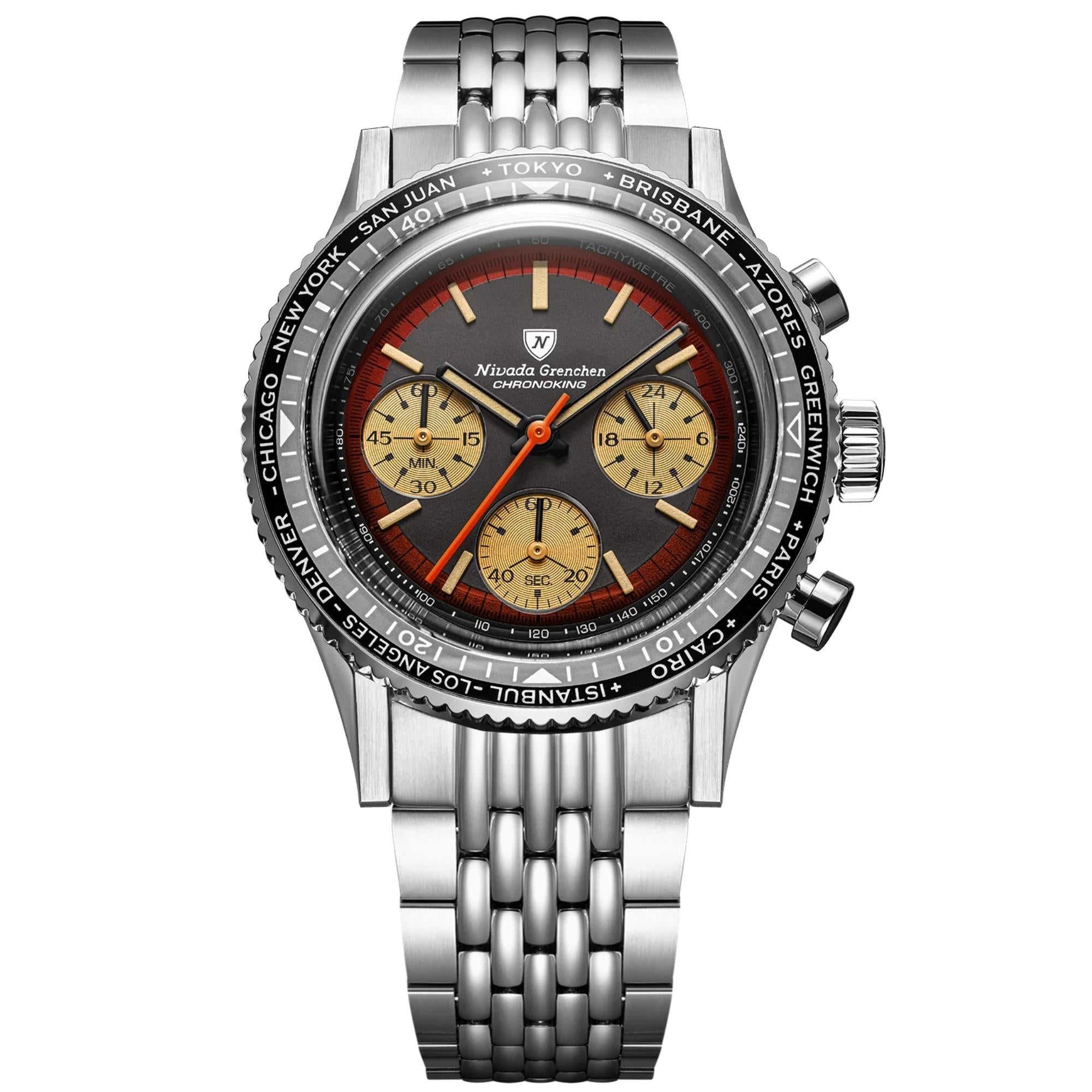 Nivada Grenchen Chronoking 38mm Chronograph Black Dial Steel Mens Mecaquartz Watch 87055Q04