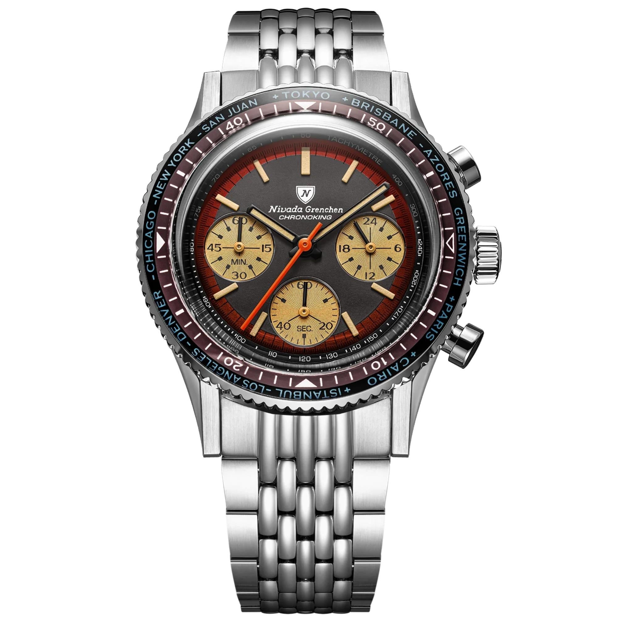 Nivada Grenchen Chronoking 38mm Chronograph Black Dial Steel Mens Mecaquartz Watch 87055Q04