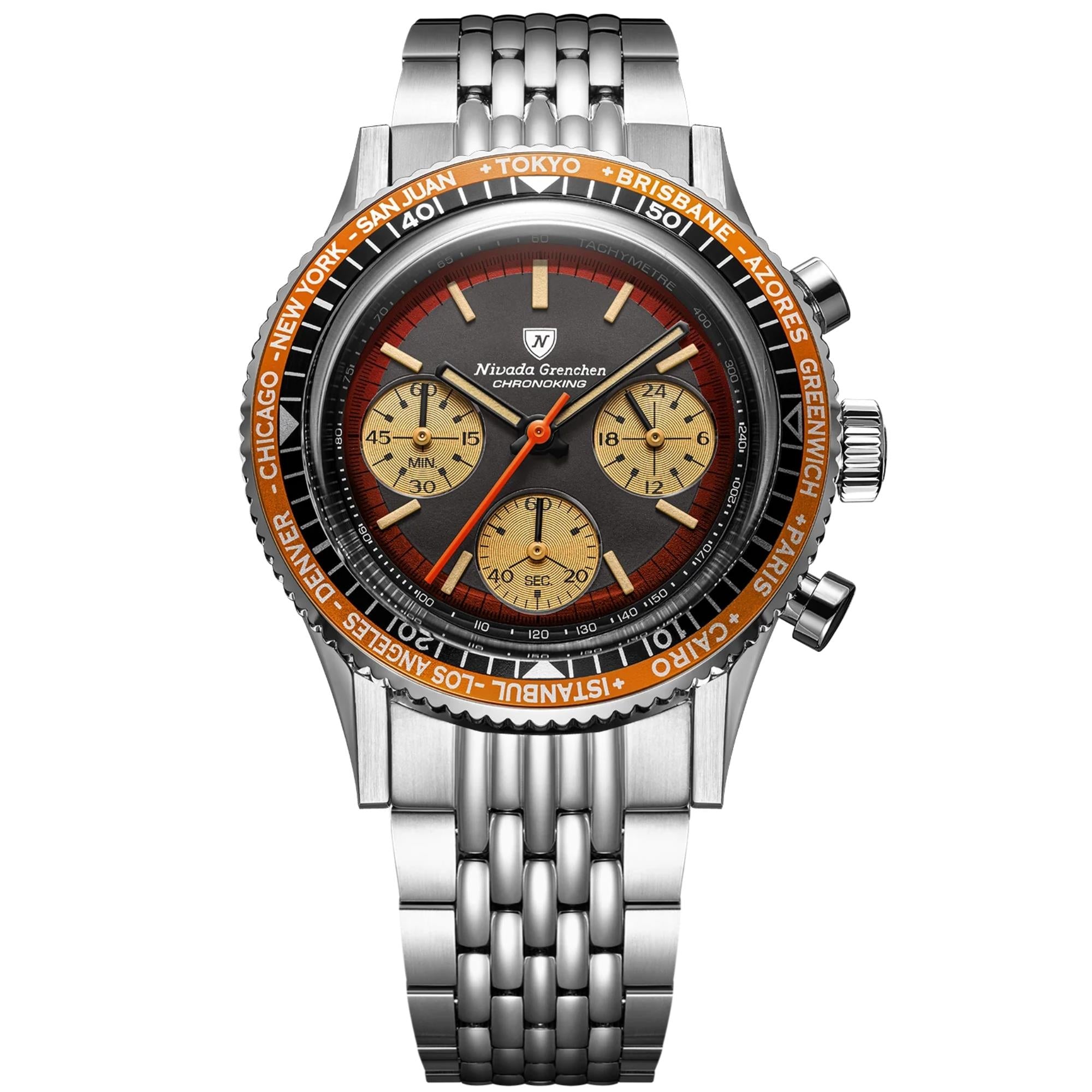 Nivada Grenchen Chronoking 38mm Black Dial Steel Mens Watch 87055Q04