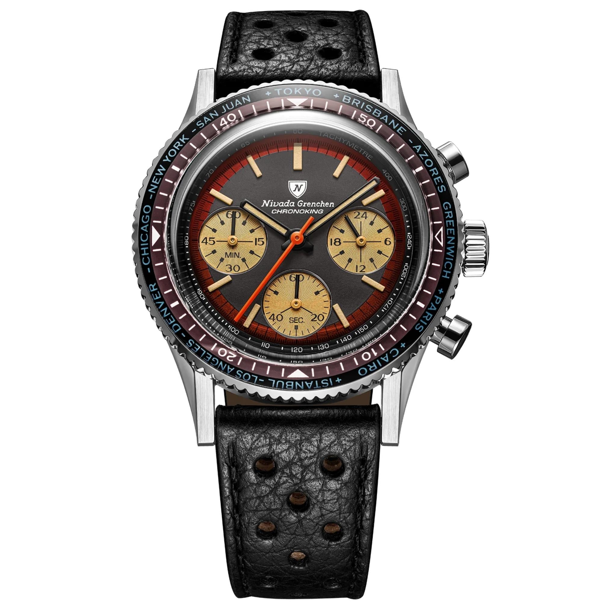 Nivada Grenchen Chronoking 38mm Chronograph Black Dial Leather Mens Mecaquartz Watch 87055Q10
