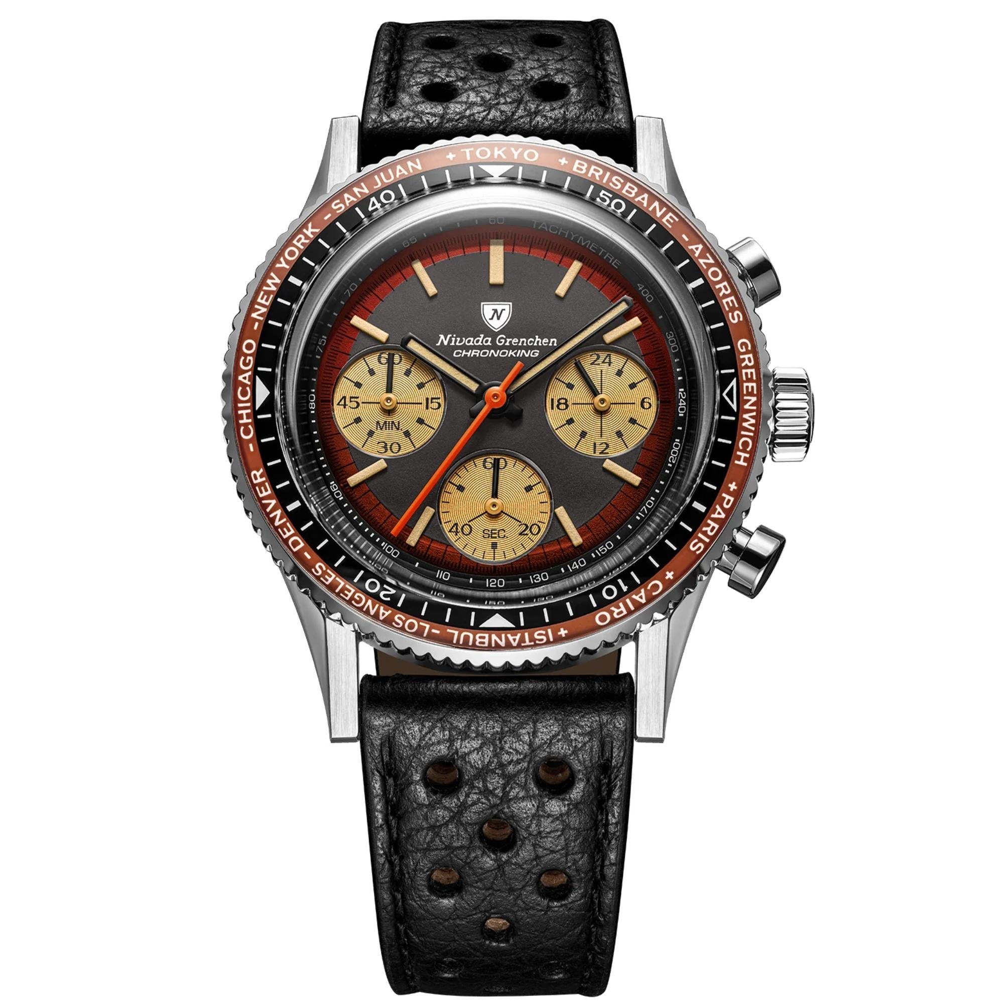 レオン Nivada Grenchen Chronoking 38mm Black Dial Leather Mens Watch 87055Q10