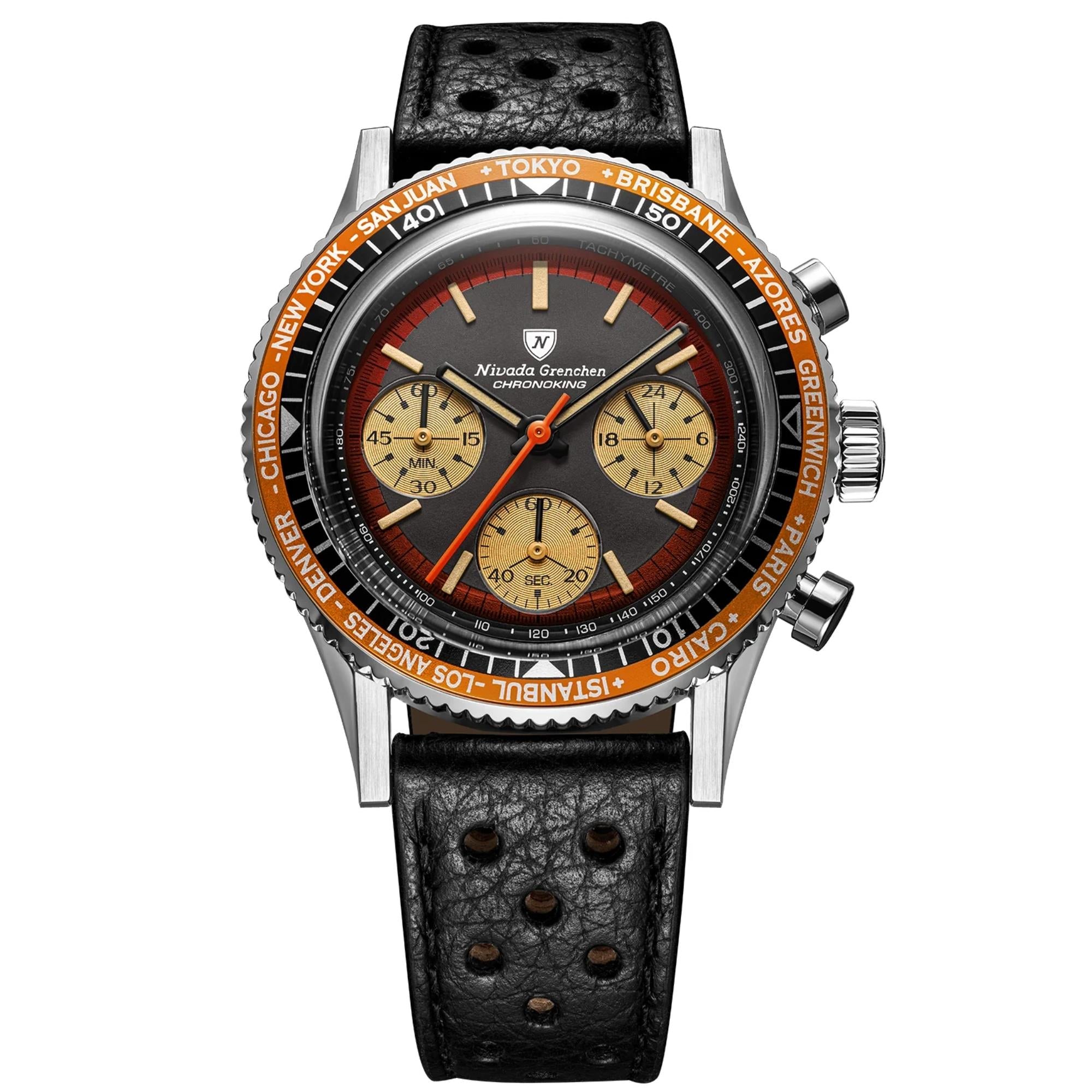 Nivada Grenchen Chronoking 38mm Black Dial Leather Mens Watch 87055Q10
