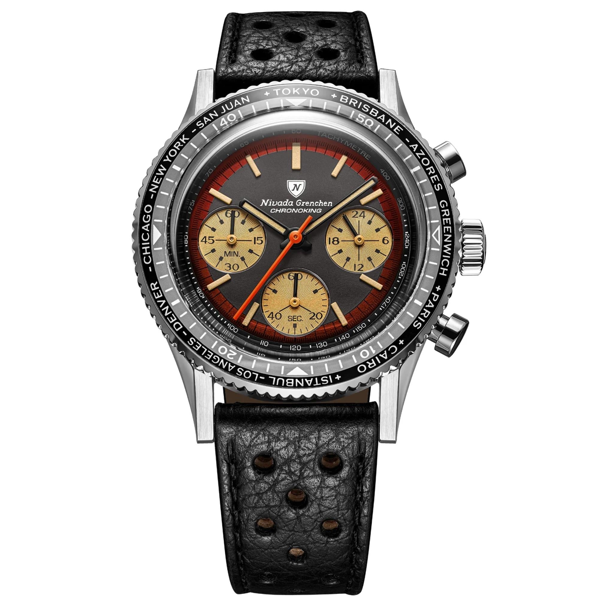 Nivada Grenchen Chronoking 38mm Black Dial Leather Mens Watch 87055Q10
