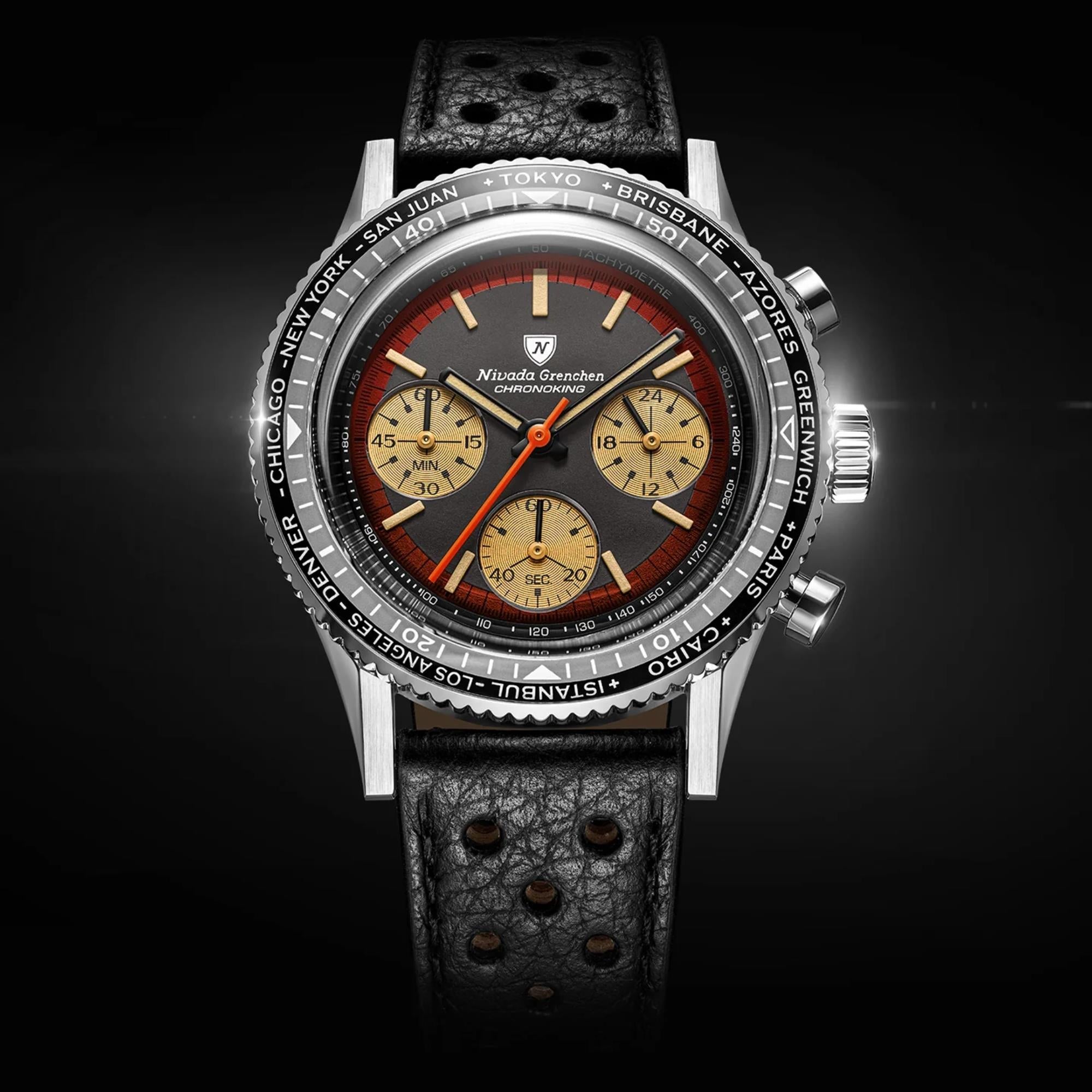 Nivada Grenchen Chronoking 38mm Chronograph Black Dial Leather Mens Mecaquartz Watch 87055Q10