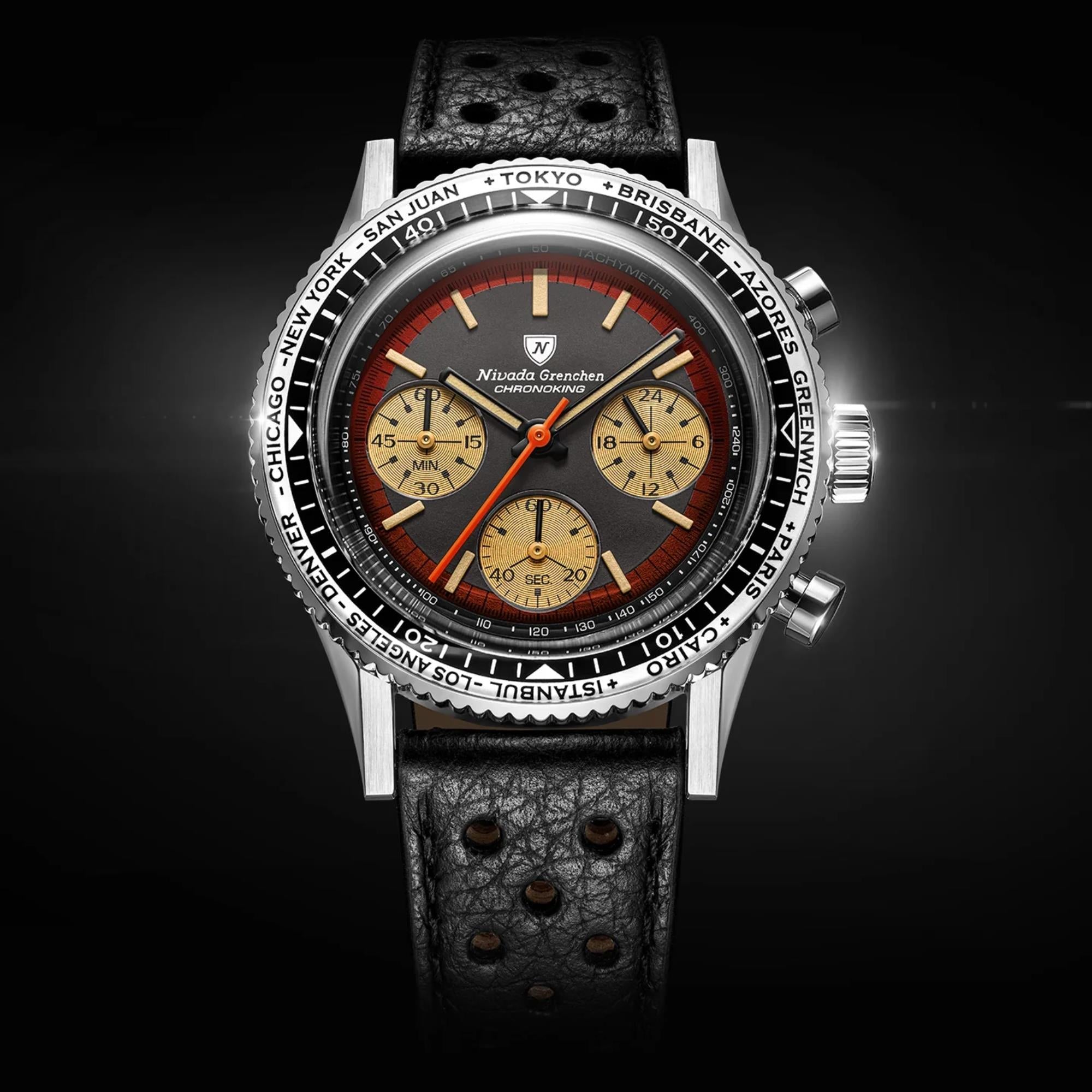 Nivada Grenchen Chronoking 38mm Black Dial Leather Mens Watch 87055Q10