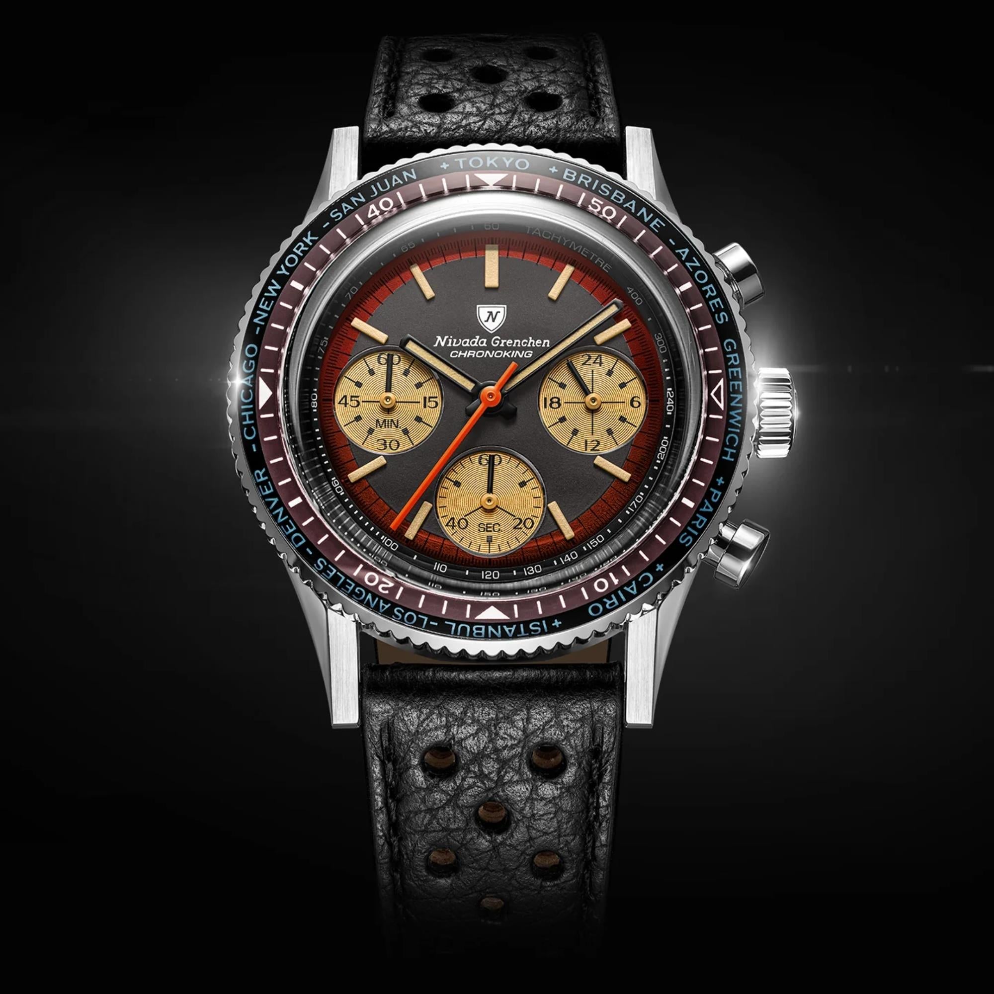 Nivada Grenchen Chronoking 38mm Black Dial Leather Mens Watch 87055Q10