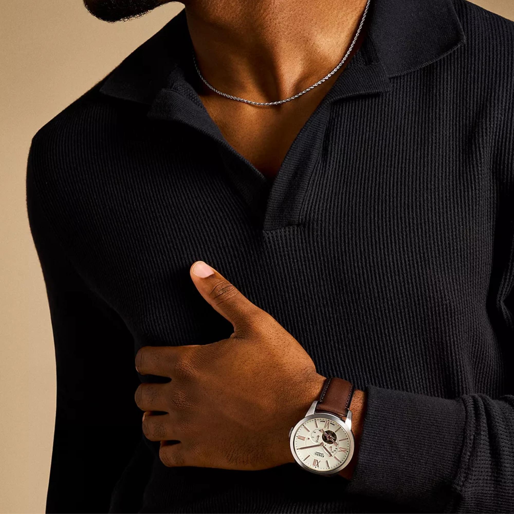 Fossil Townsman 44mm Open Heart Cream Dial Leather Mens Automatic Watch ME3266