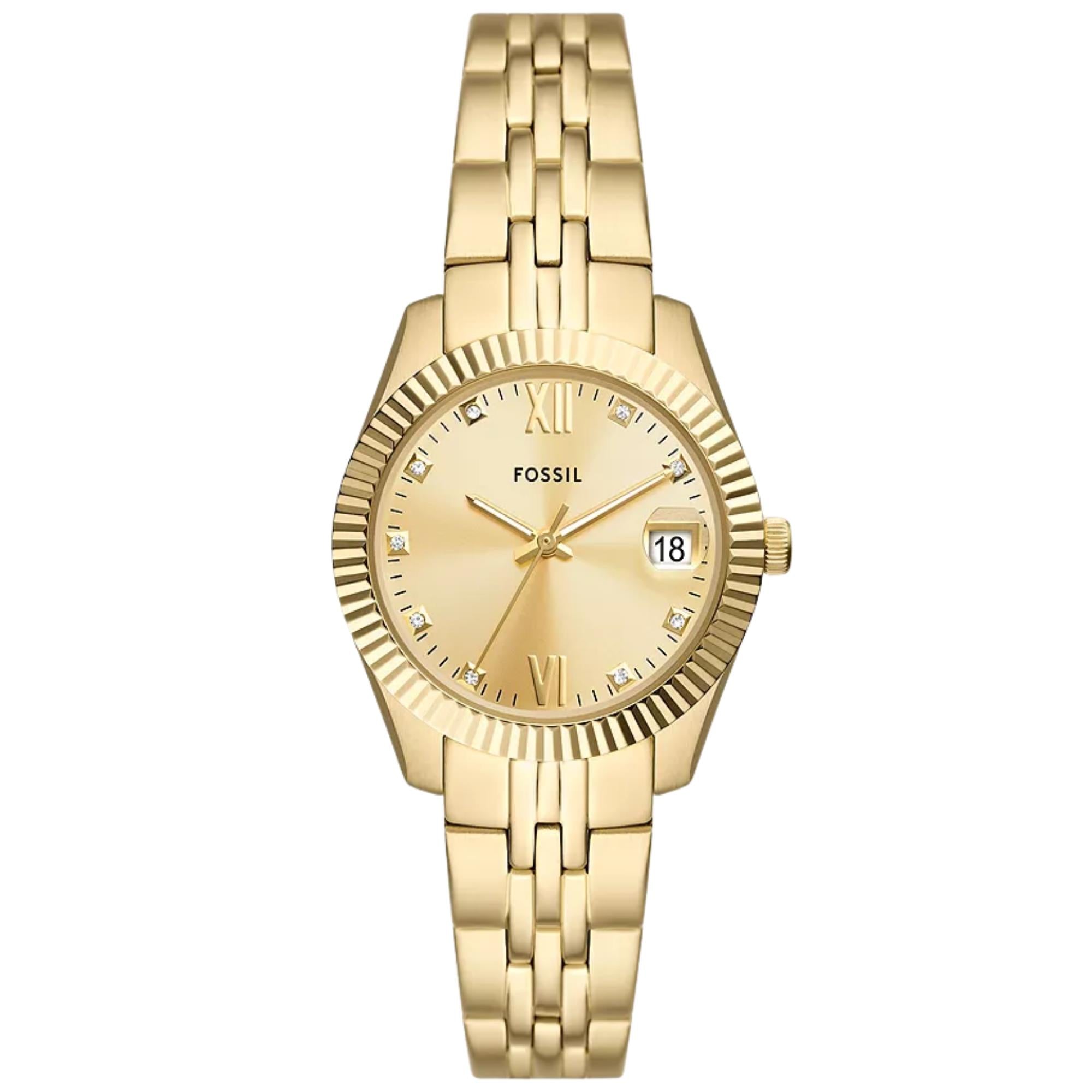 Fossil Scarlette 33mm Gold Dial Steel Ladies Quartz Watch ES5338