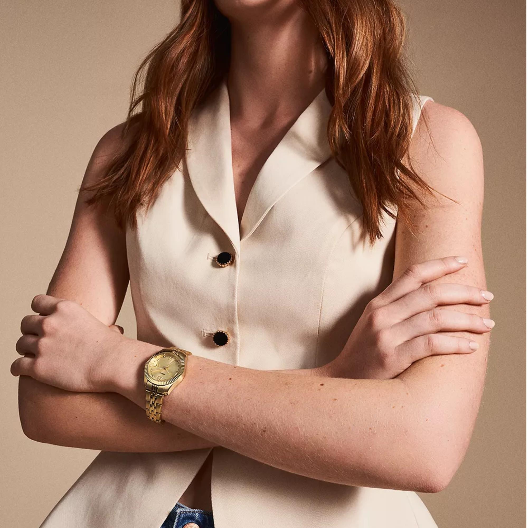 Fossil Scarlette 33mm Gold Dial Steel Ladies Quartz Watch ES5338