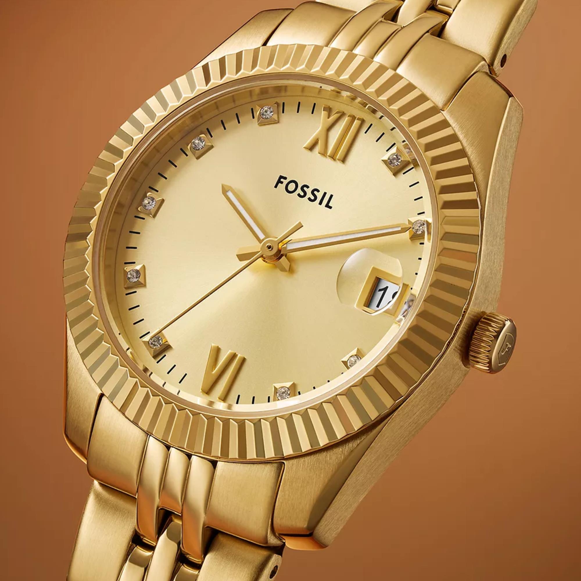 Fossil Scarlette 33mm Gold Dial Steel Ladies Quartz Watch ES5338