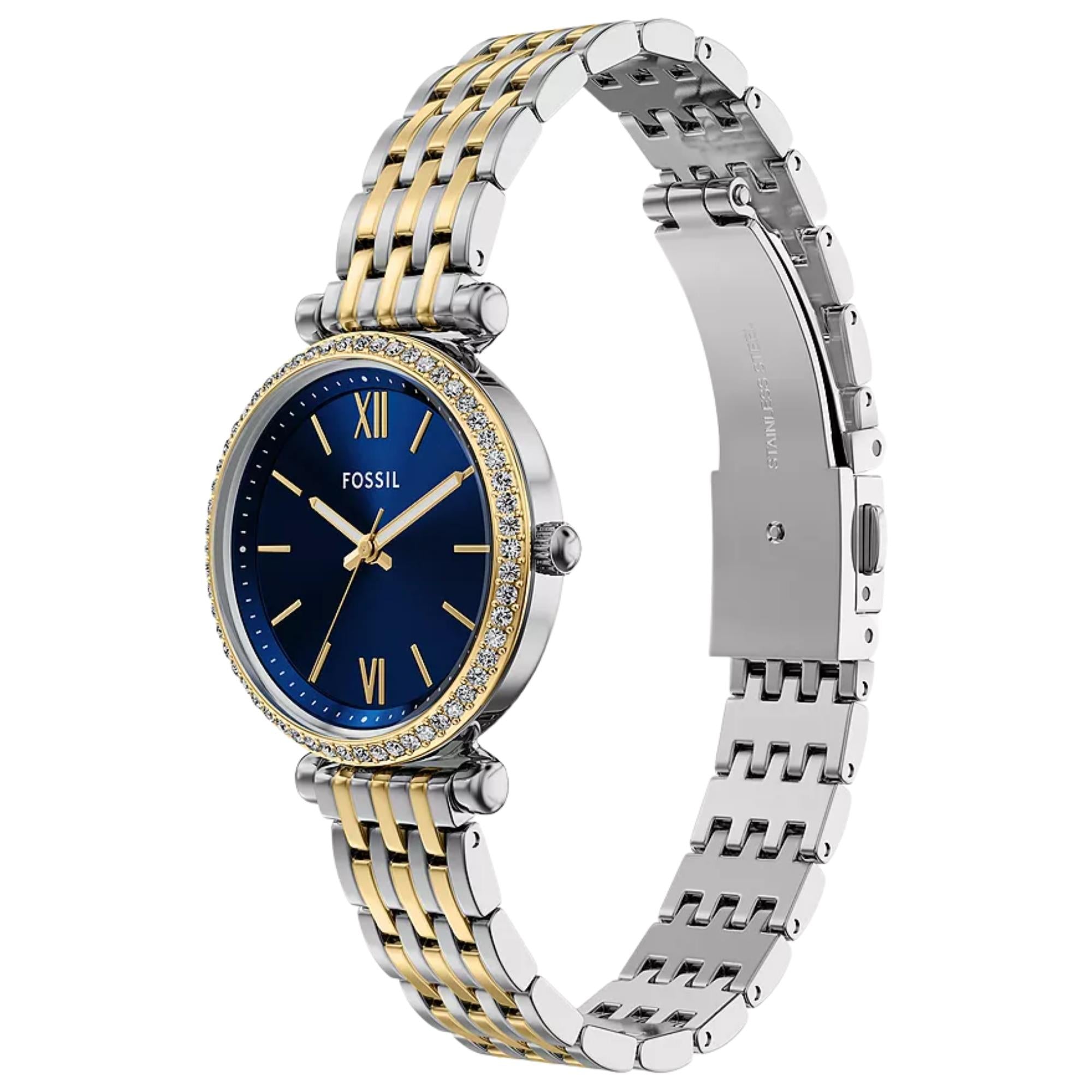 Fossil Carlie 28mm Blue Dial Steel Ladies Quartz Watch ES5438