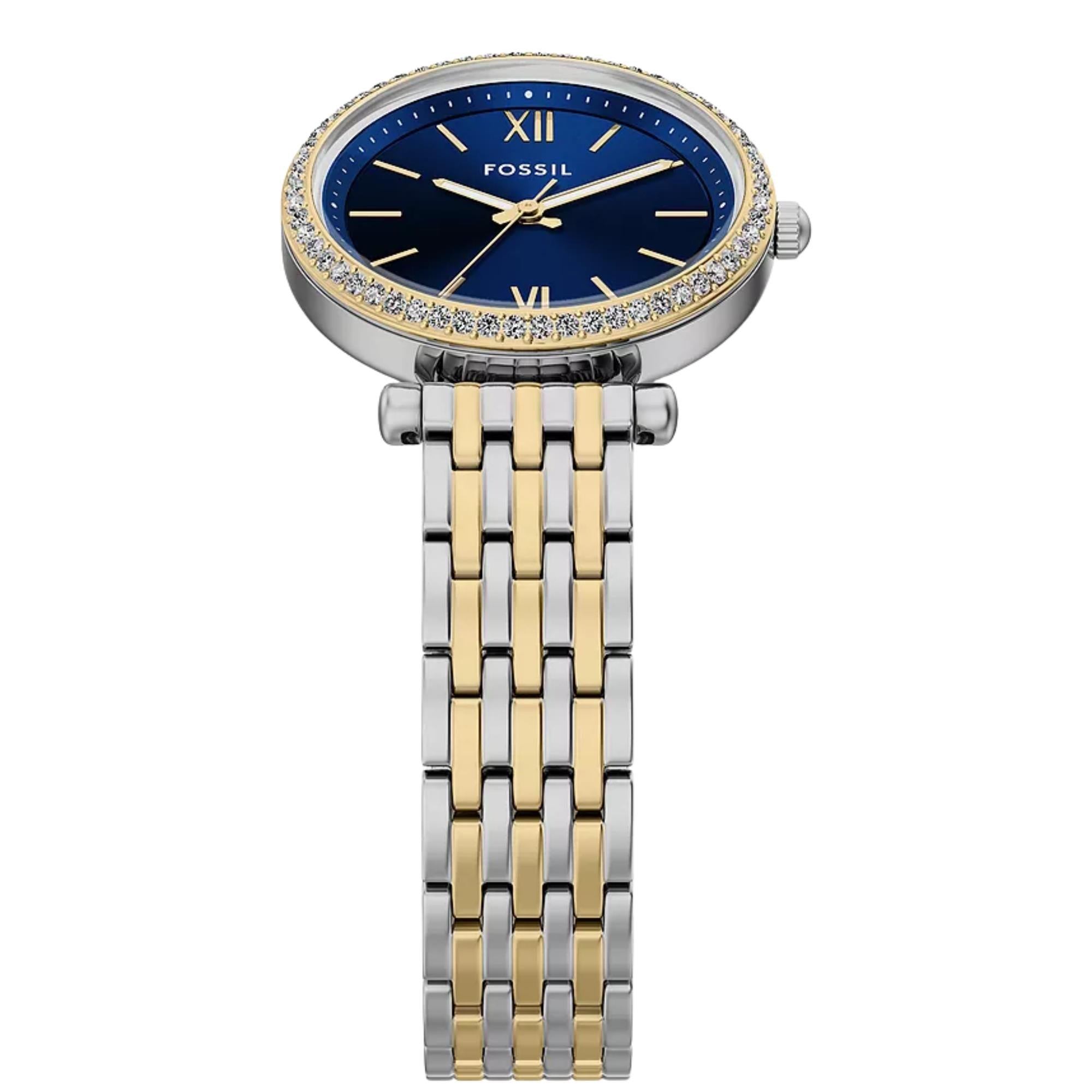 Fossil Carlie 28mm Blue Dial Steel Ladies Quartz Watch ES5438