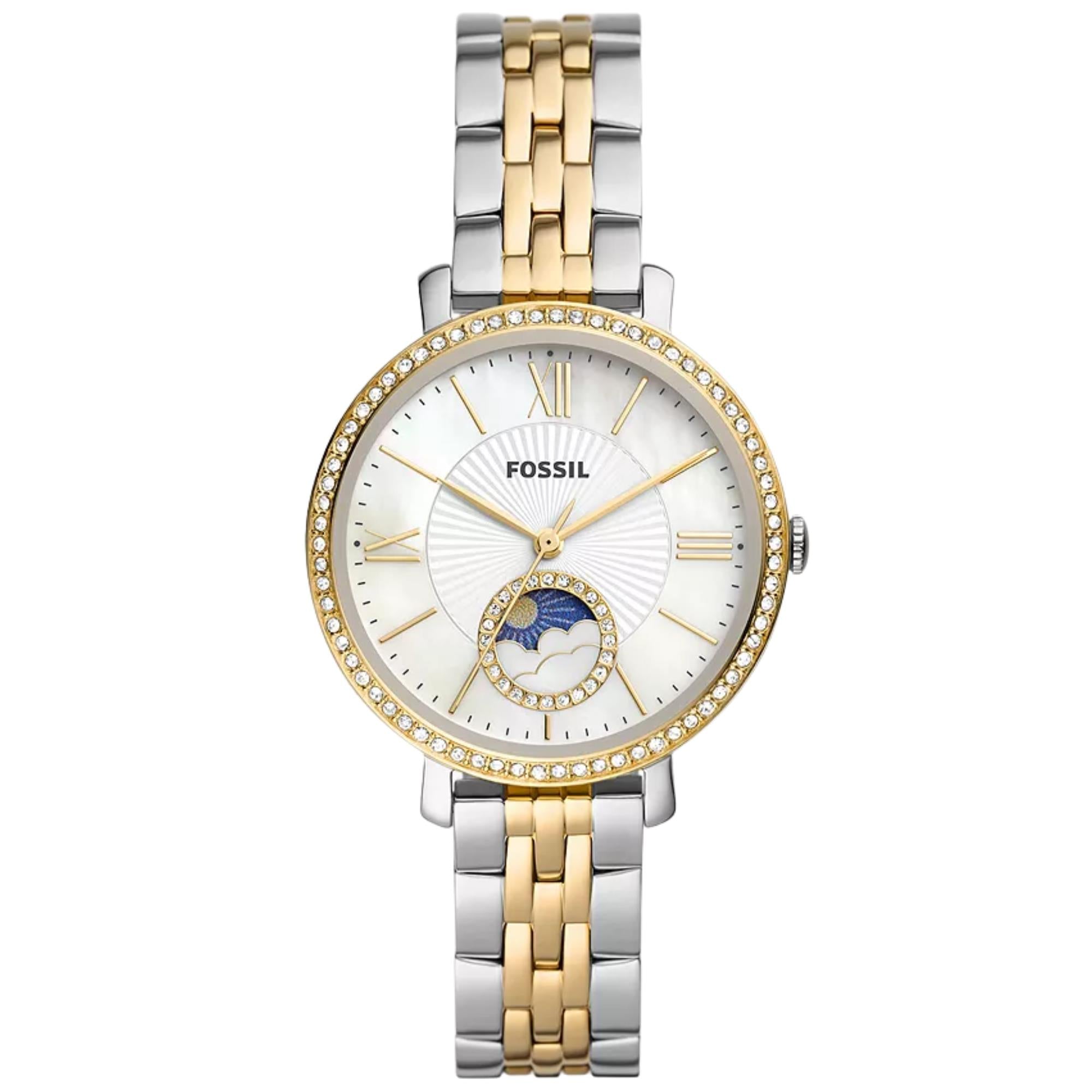 Fossil Jacqueline 36mm Sun Moon Mother Of Pearl Dial Steel Ladies Quartz Watch ES5166