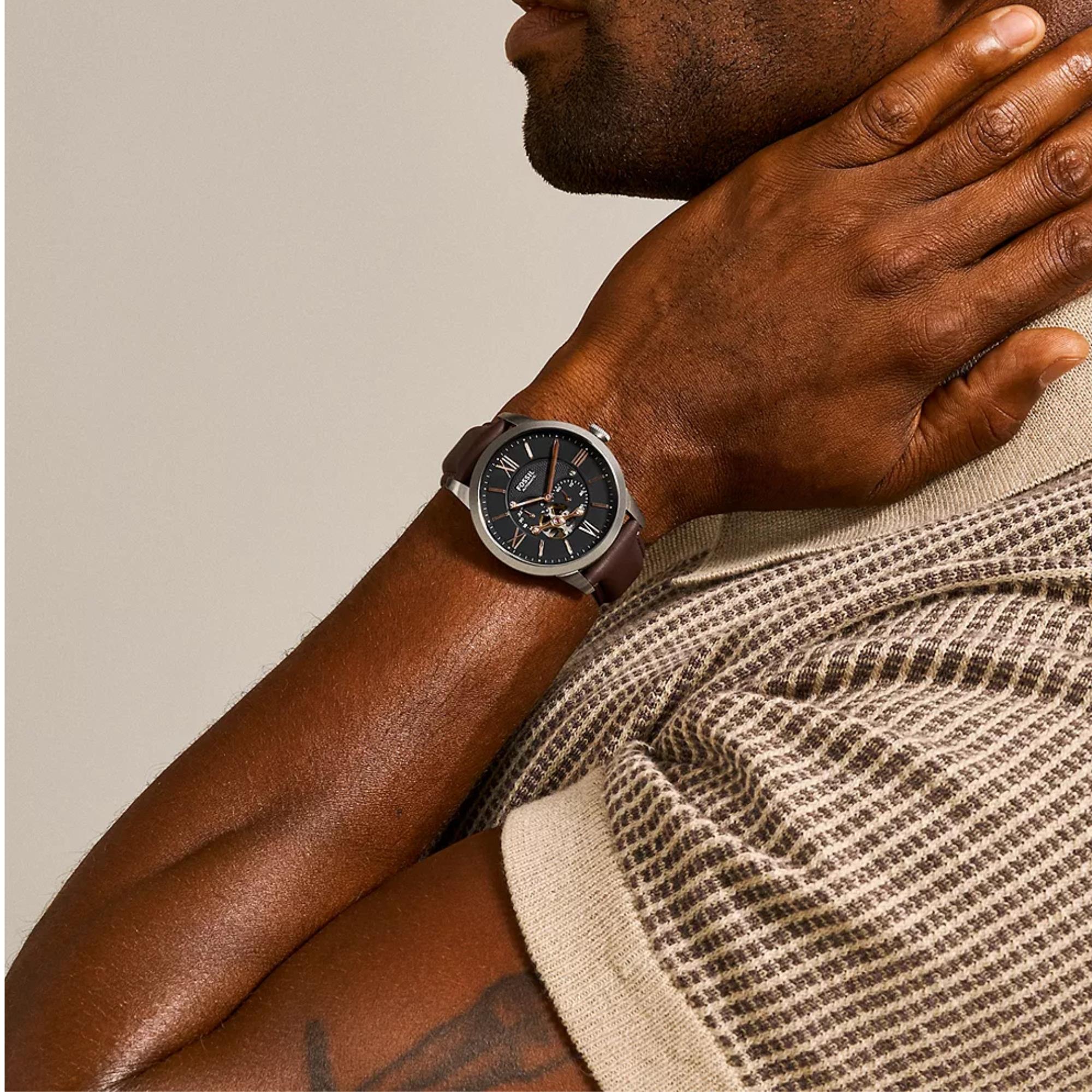 Fossil Townsman 45mm Open Heart Black Dial Leather Mens Automatic Watch ME3061