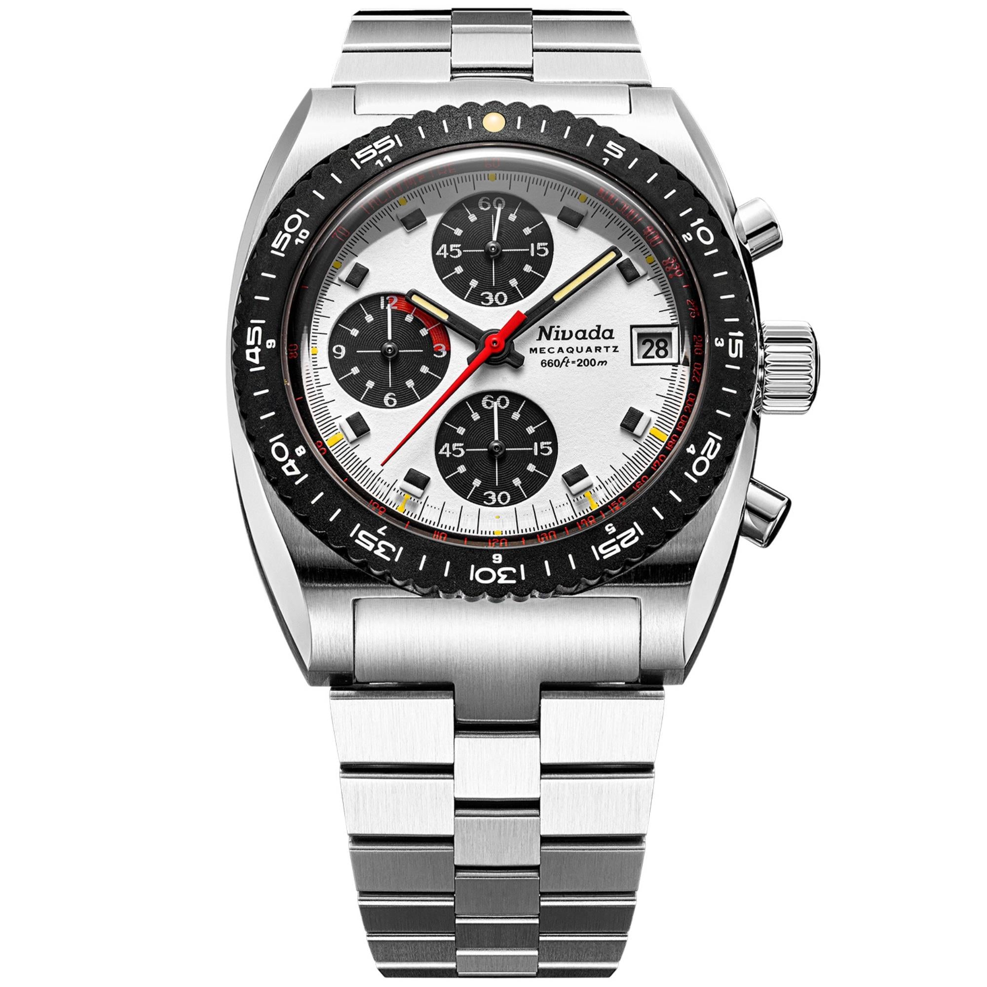 Men's steel chronograph watch with white dial, black bezel, red chronograph accents